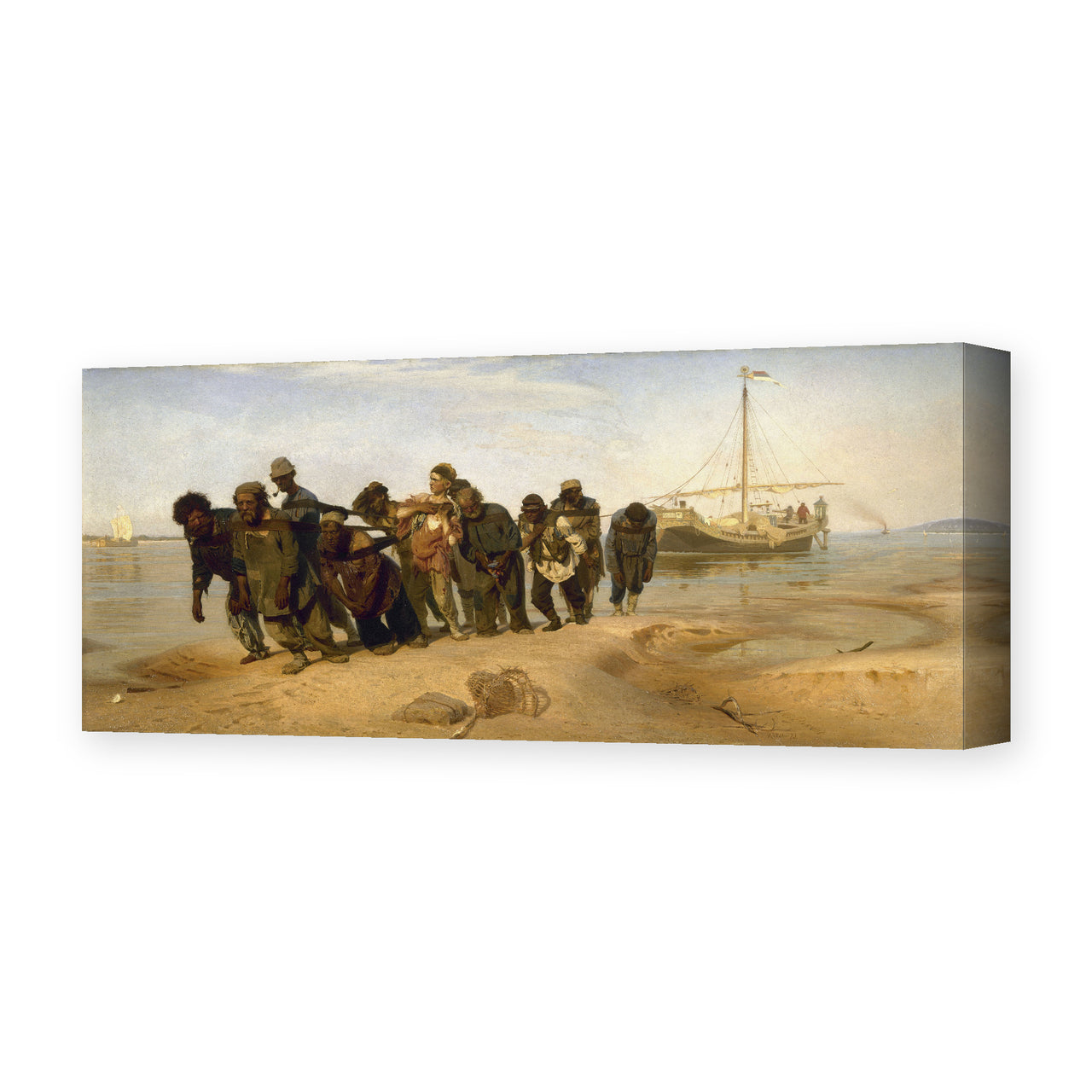 Ilya Repin's 'Barge Haulers on the Volga', depicting eleven laborers hauling a barge along the Volga River, reproduced as a gallery-wrapped canvas print