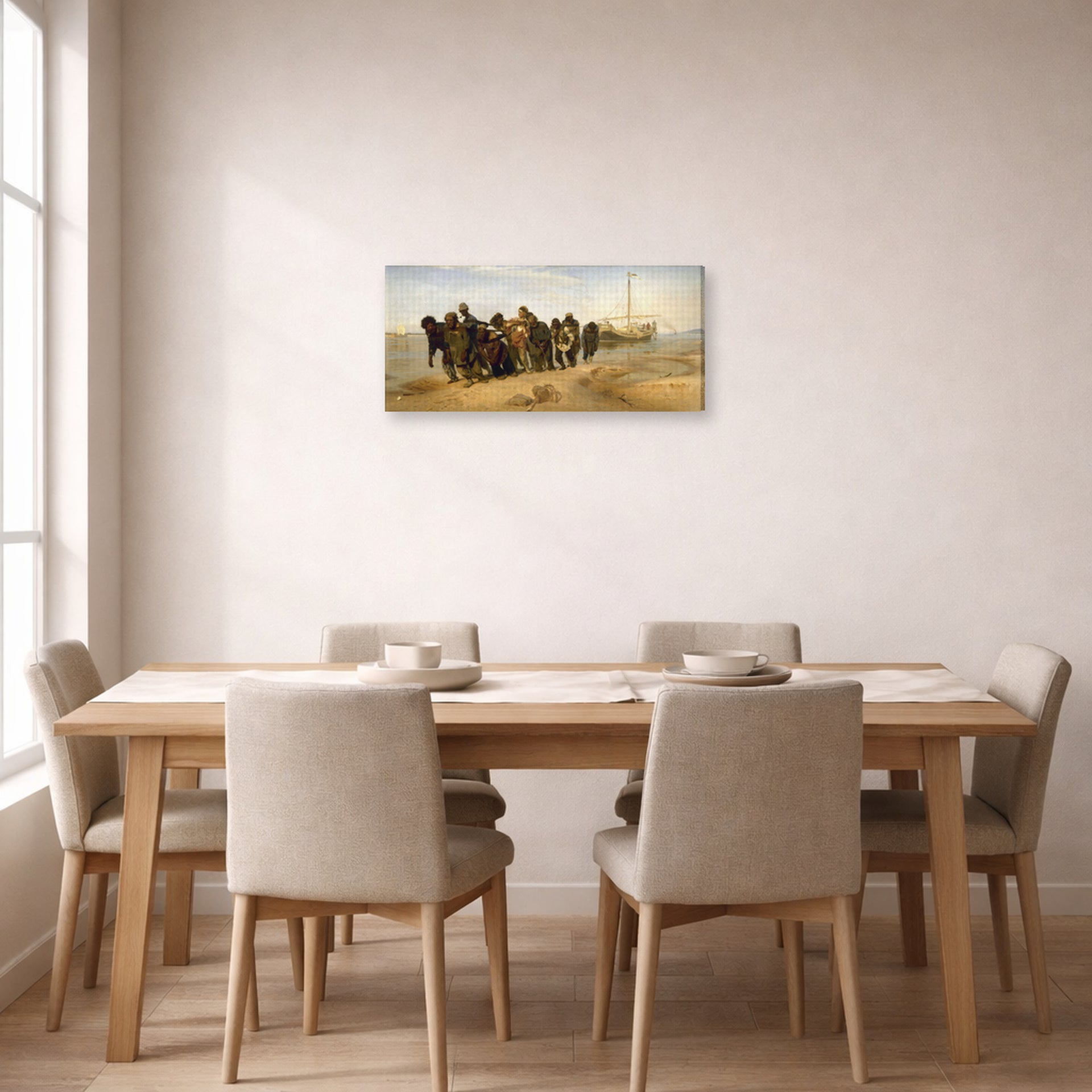 Gallery-wrapped canvas print of Ilya Repin's Barge Haulers on the Volga displayed on a wall in a dining