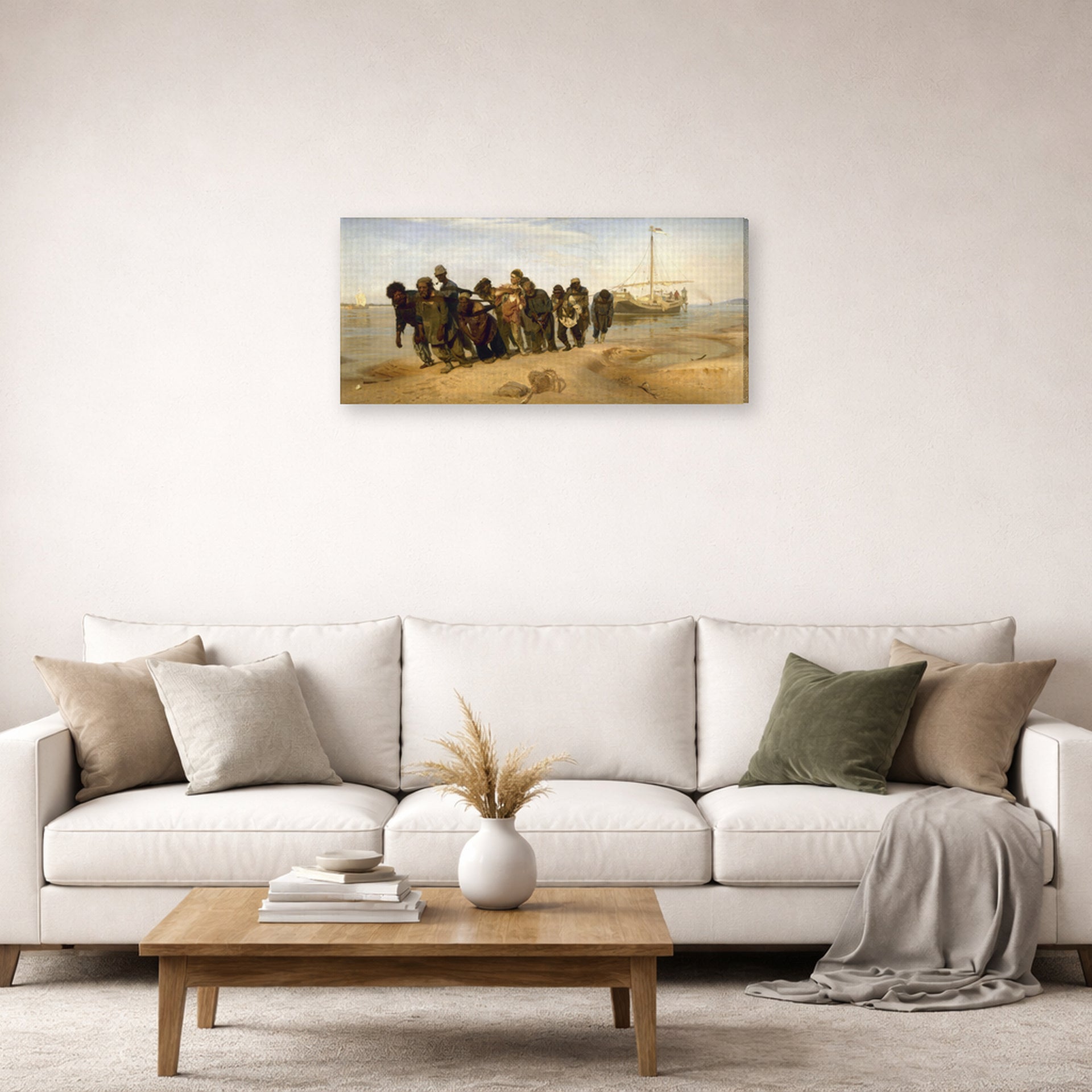 Gallery-wrapped canvas print of Ilya Repin's Barge Haulers on the Volga displayed on a wall in a living room
