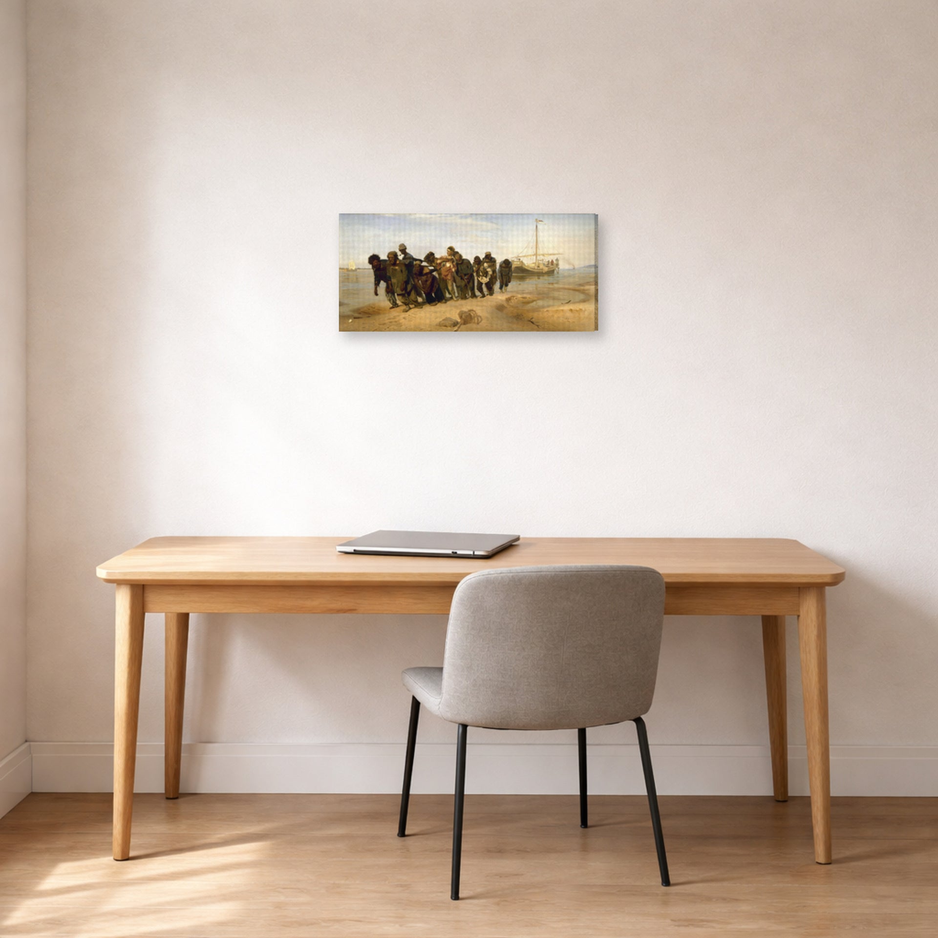 Gallery-wrapped canvas print of Ilya Repin's Barge Haulers on the Volga displayed on a wall in a office