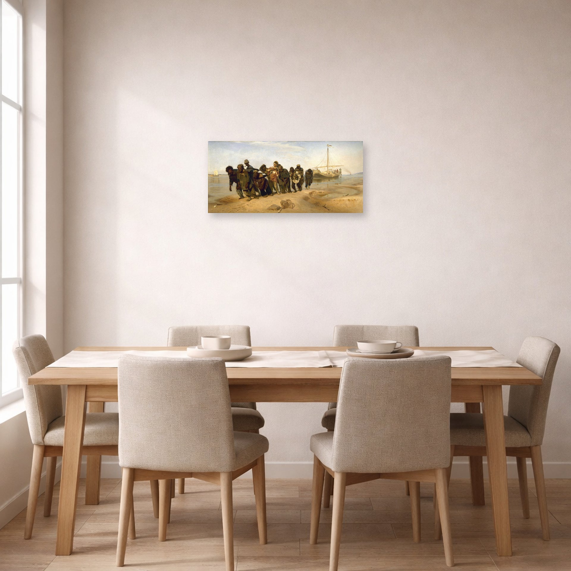 Unframed poster print of Ilya Repin's Barge Haulers on the Volga displayed on a wall in a dining