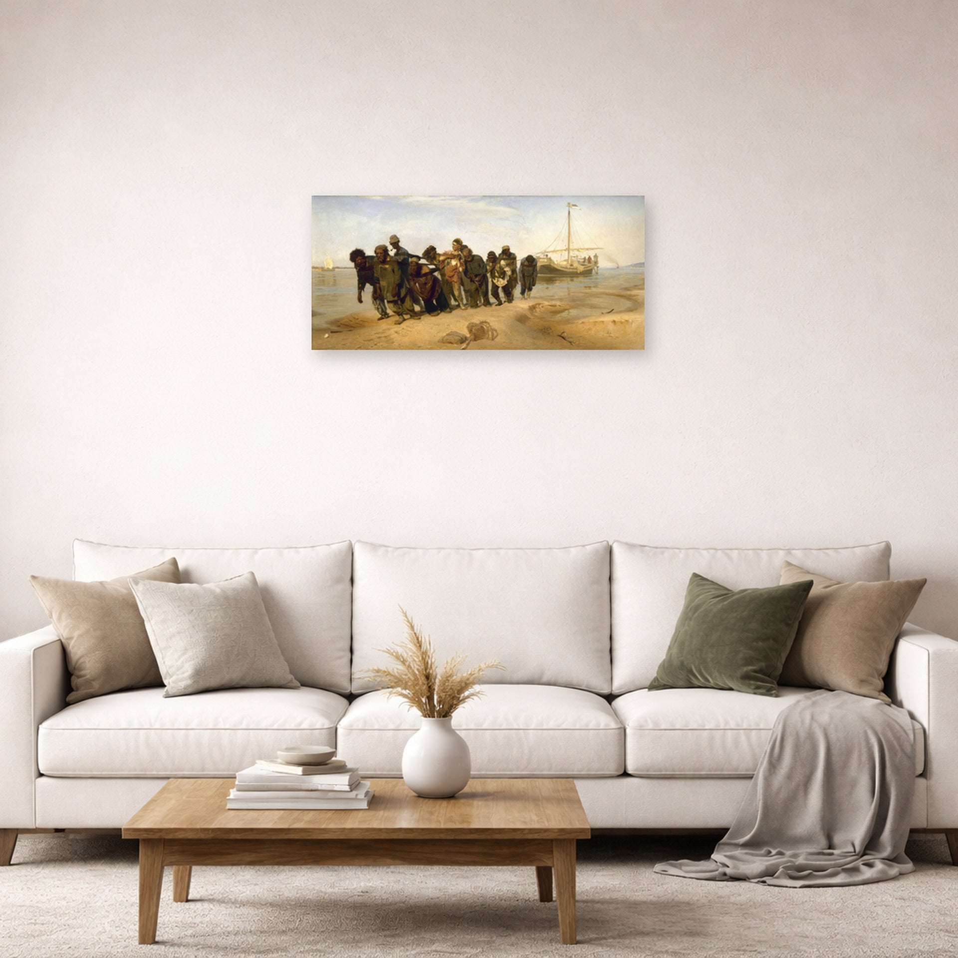 Unframed poster print of Ilya Repin's Barge Haulers on the Volga displayed on a wall in a living room