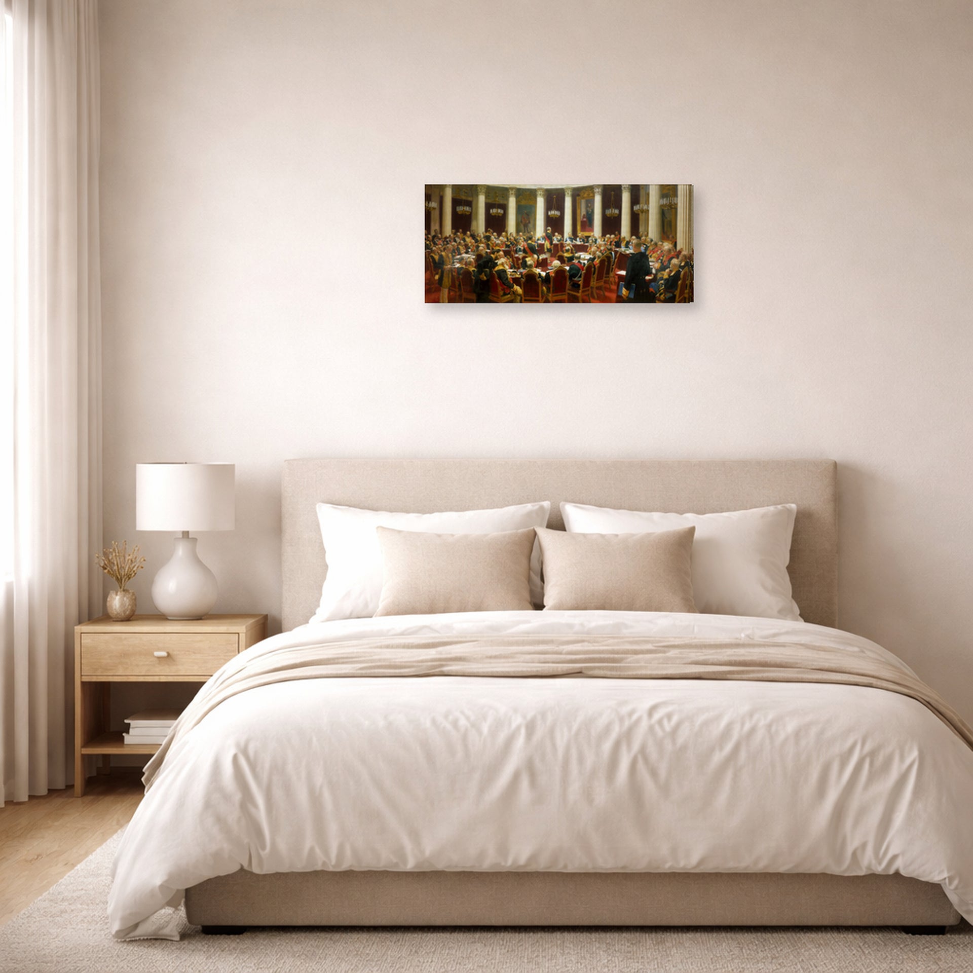 Gallery-wrapped canvas print of Ilya Repin's Ceremonial Sitting of the State Council displayed on a wall in a bedroom