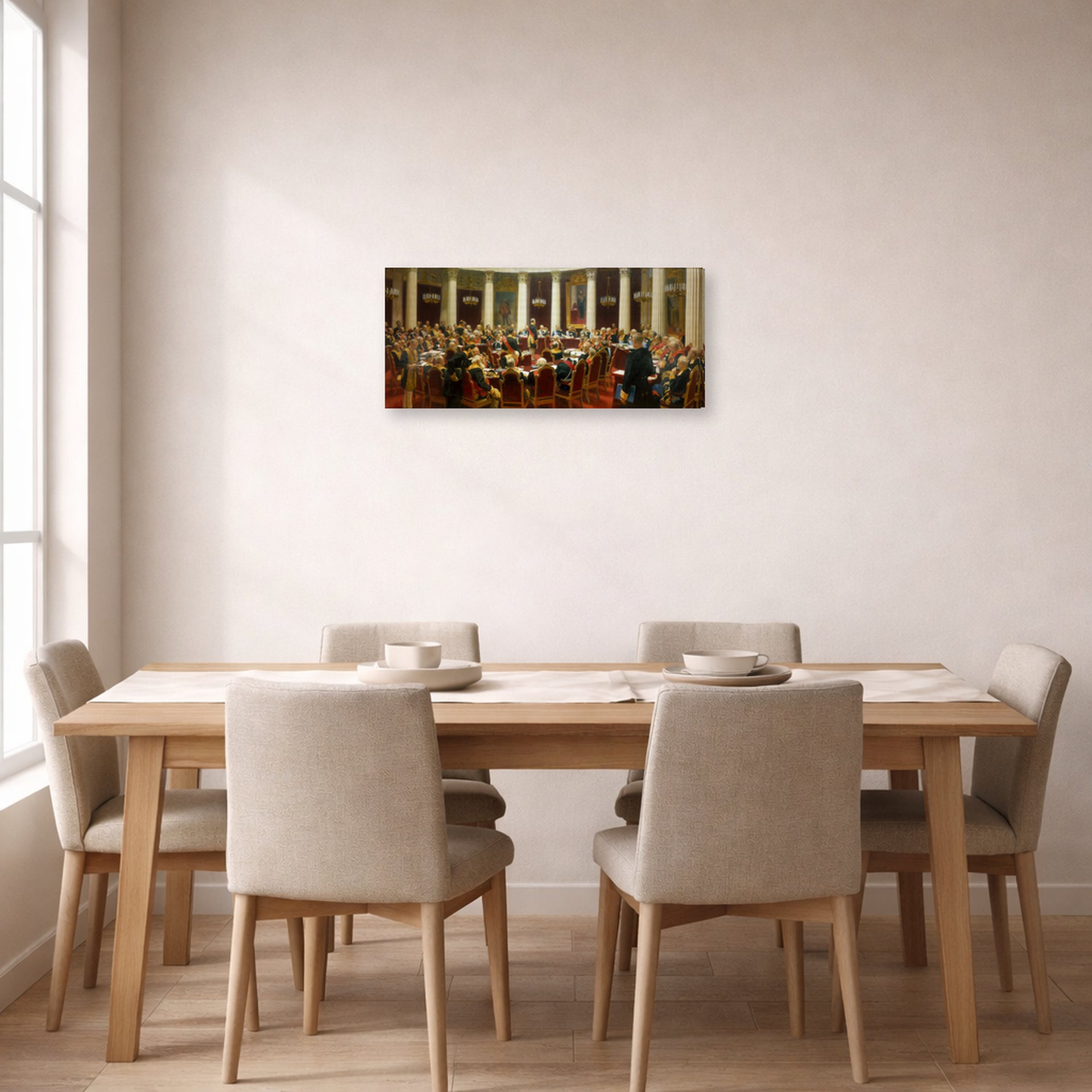 Gallery-wrapped canvas print of Ilya Repin's Ceremonial Sitting of the State Council displayed on a wall in a dining