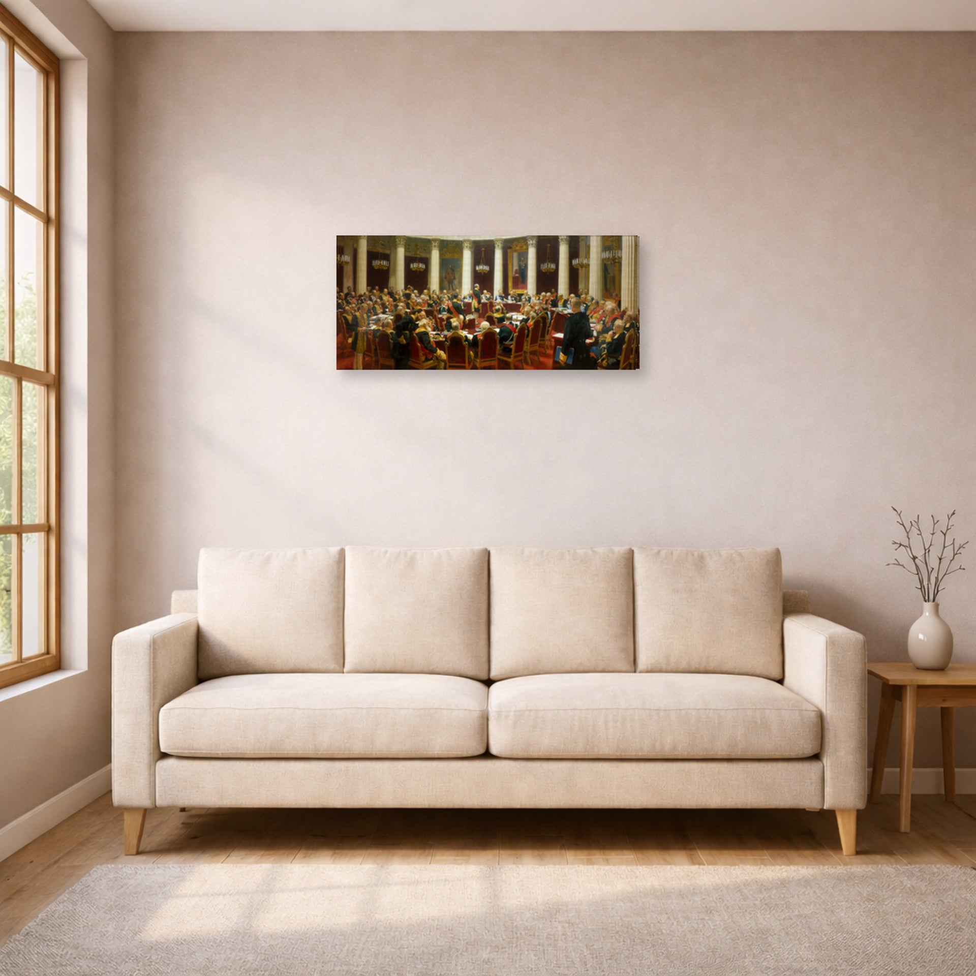 Gallery-wrapped canvas print of Ilya Repin's Ceremonial Sitting of the State Council displayed on a wall in a living room