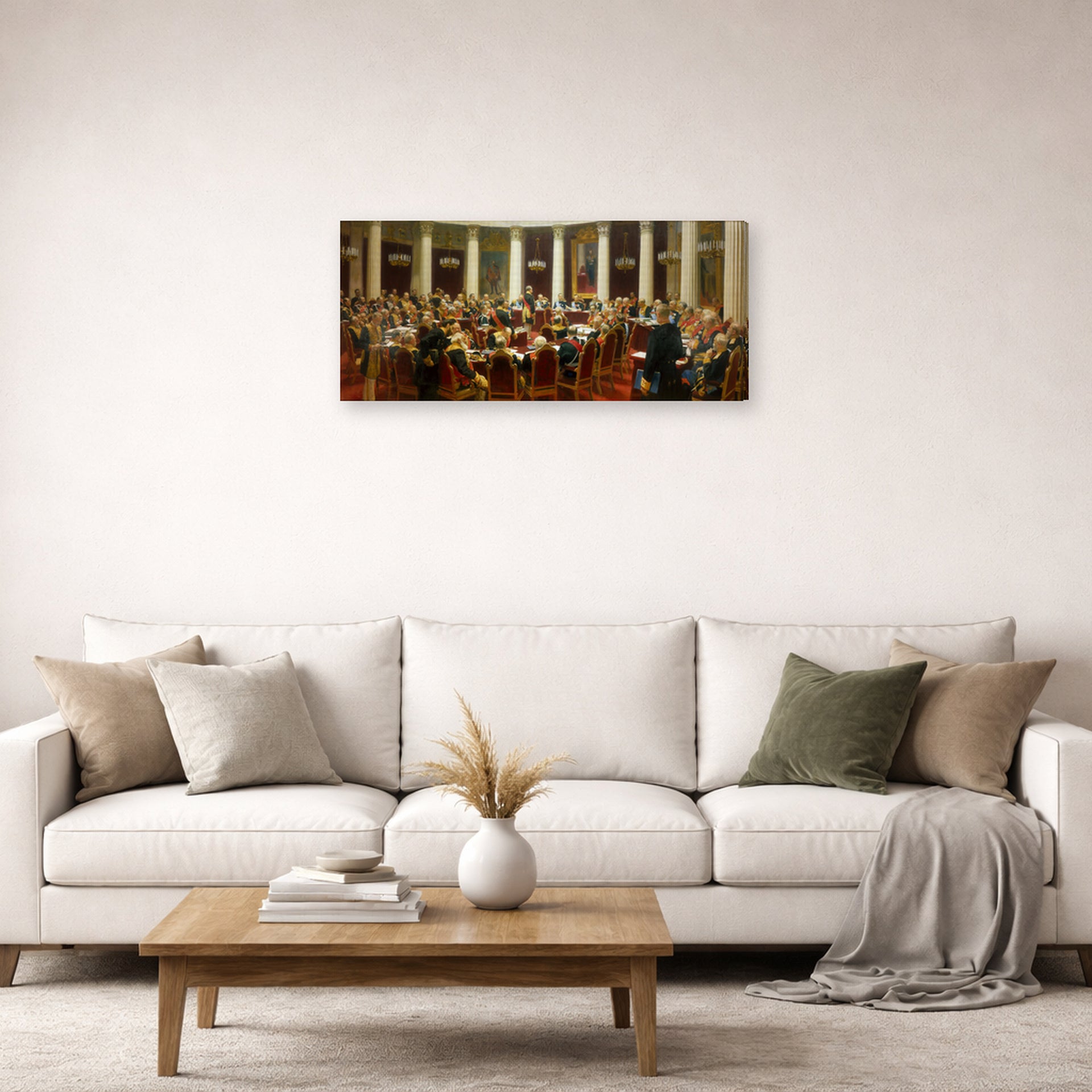 Gallery-wrapped canvas print of Ilya Repin's Ceremonial Sitting of the State Council displayed on a wall in a living room