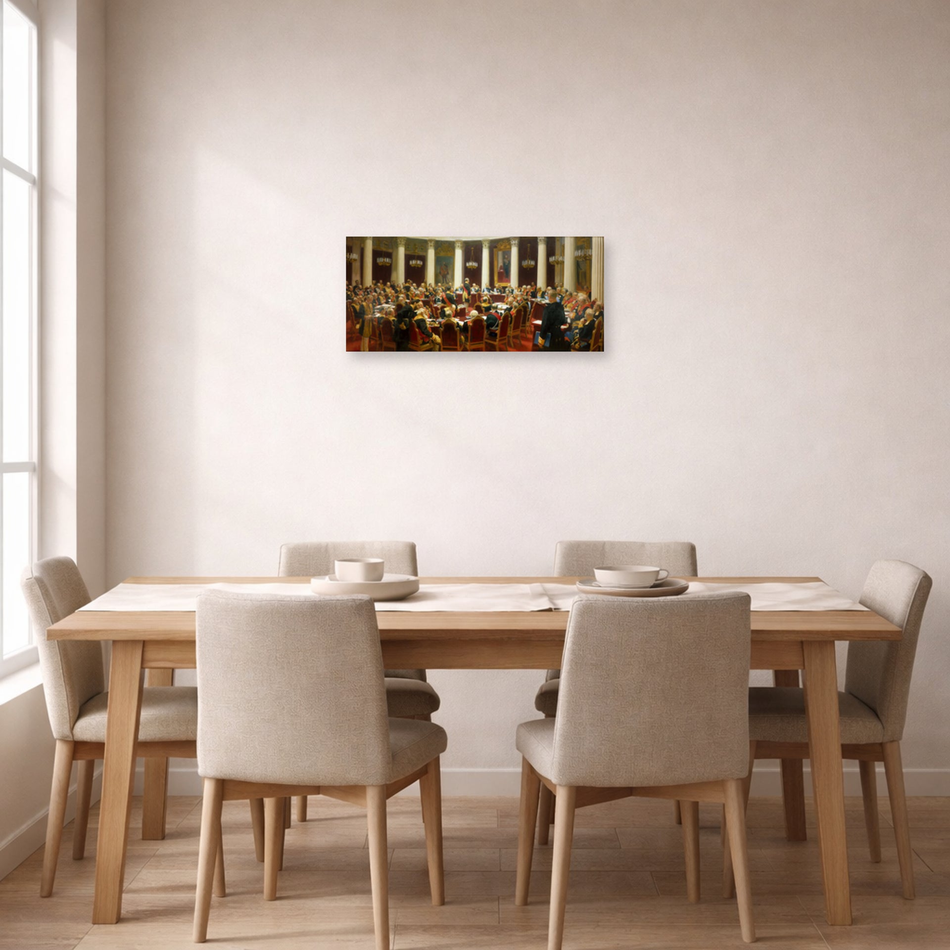 Unframed poster print of Ilya Repin's Ceremonial Sitting of the State Council displayed on a wall in a dining
