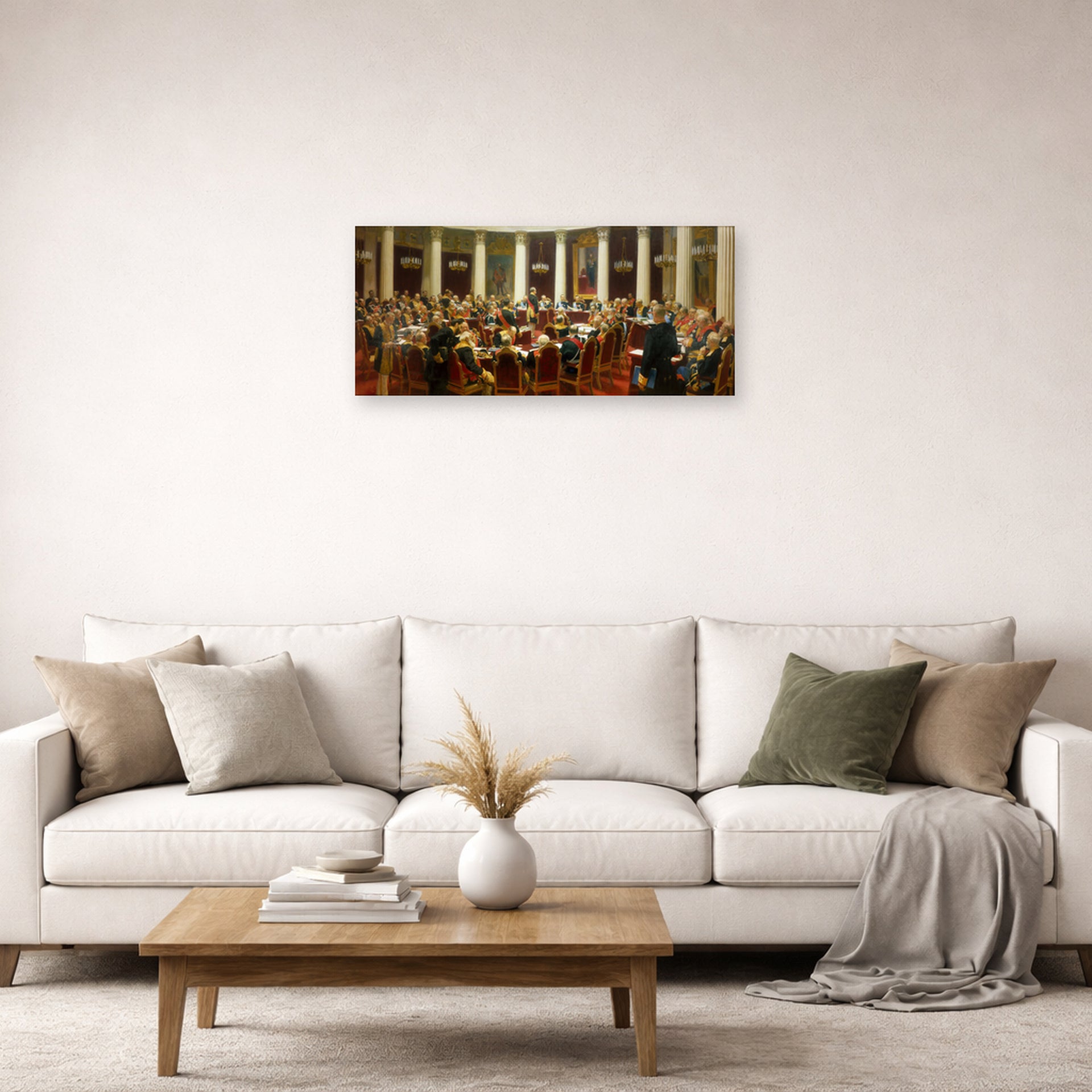 Unframed poster print of Ilya Repin's Ceremonial Sitting of the State Council displayed on a wall in a living room