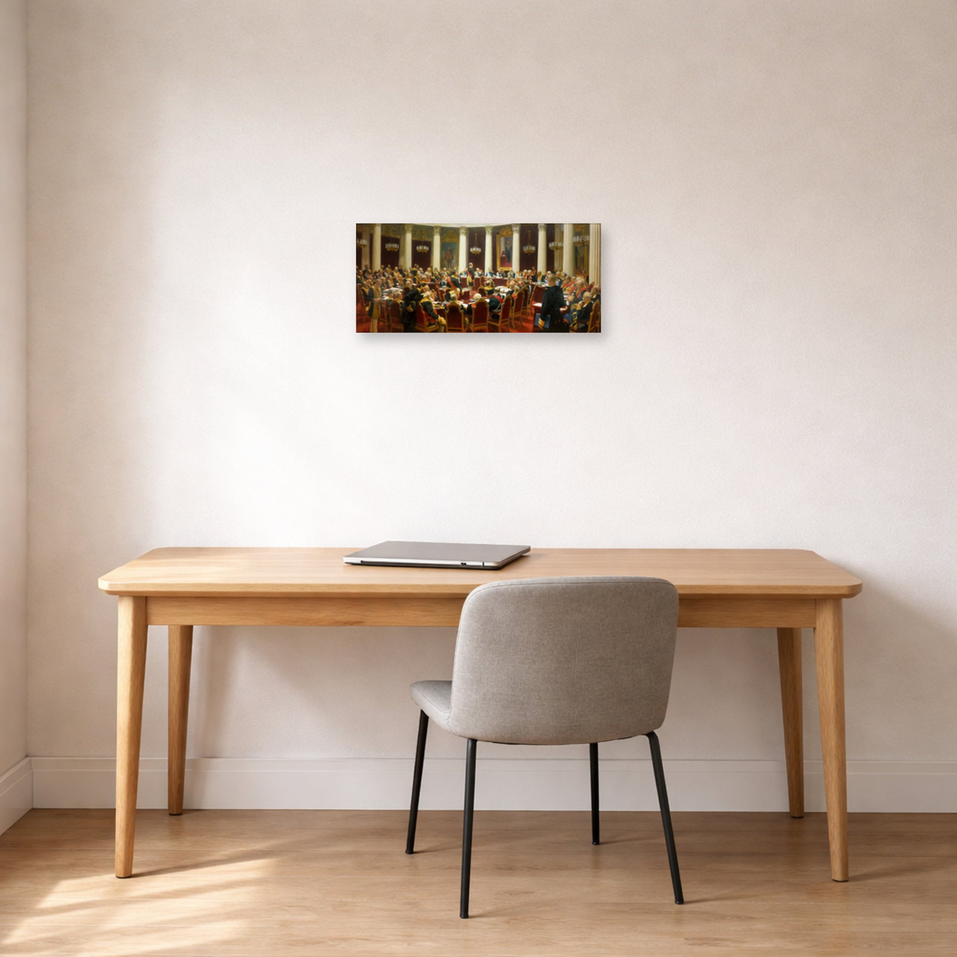 Unframed poster print of Ilya Repin's Ceremonial Sitting of the State Council displayed on a wall in a office