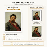 Ilya Repin - Portrait of the Composer Modest Mussorgsky canvas print size comparison and framing display infographic