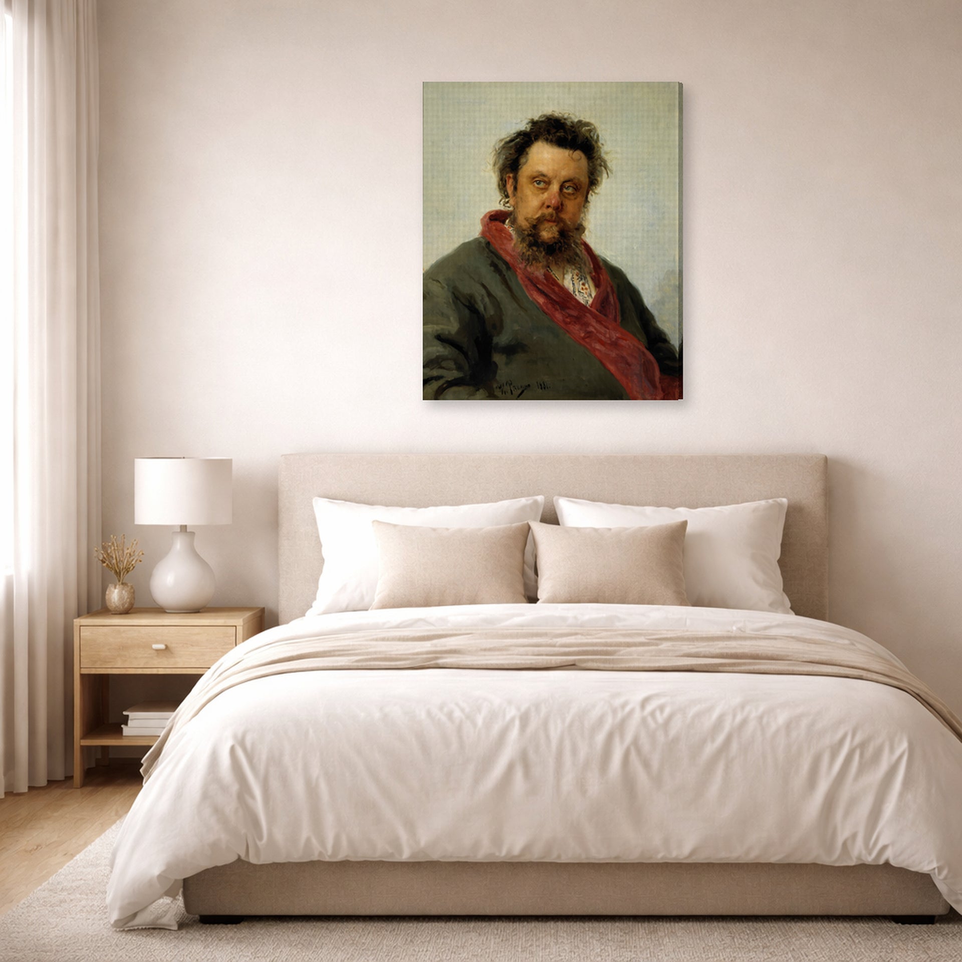 Gallery-wrapped canvas print of Ilya Repin's Portrait of the Composer Modest Mussorgsky displayed on a wall in a bedroom