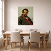 Gallery-wrapped canvas print of Ilya Repin's Portrait of the Composer Modest Mussorgsky displayed on a wall in a dining