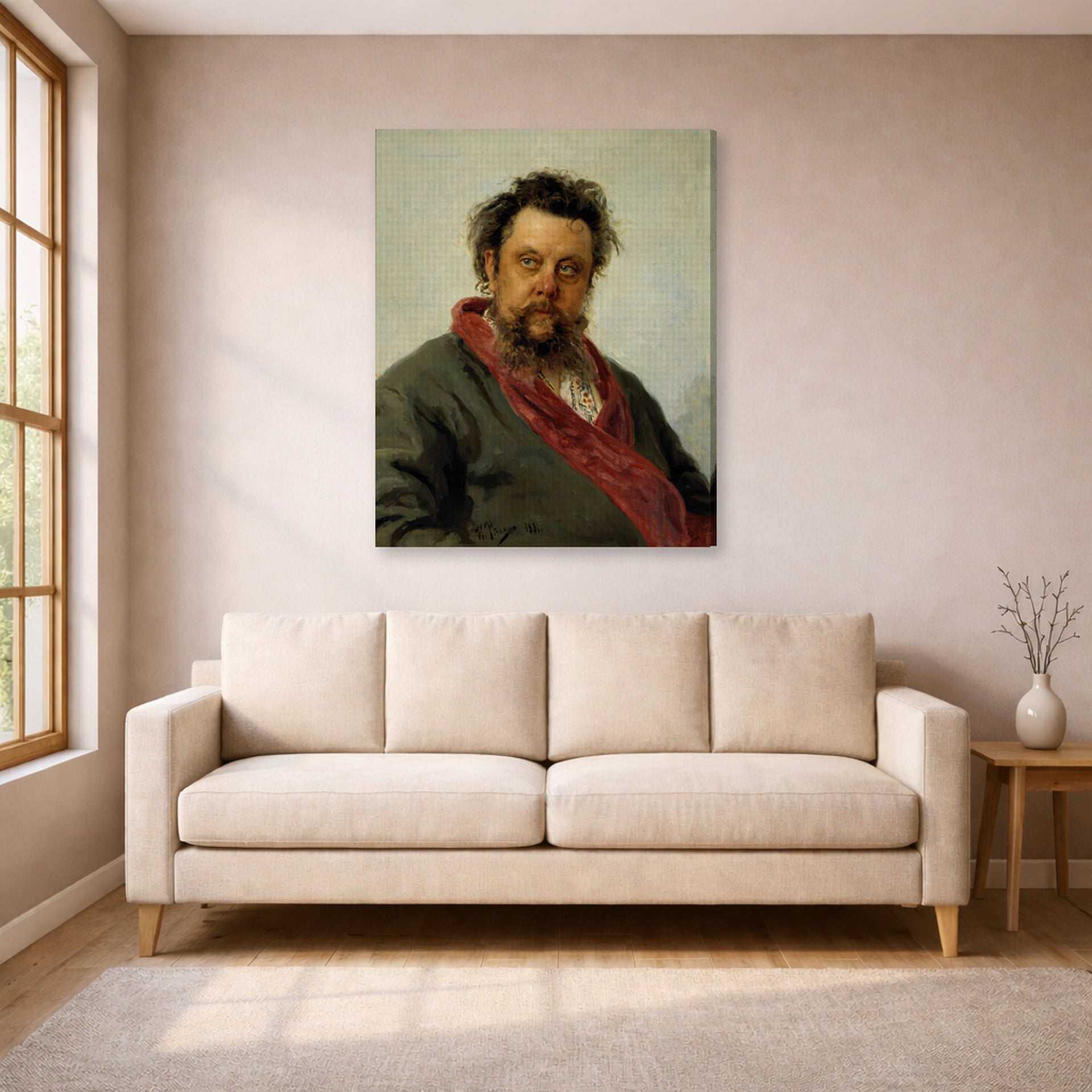 Gallery-wrapped canvas print of Ilya Repin's Portrait of the Composer Modest Mussorgsky displayed on a wall in a living room