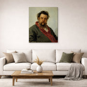 Gallery-wrapped canvas print of Ilya Repin's Portrait of the Composer Modest Mussorgsky displayed on a wall in a living room