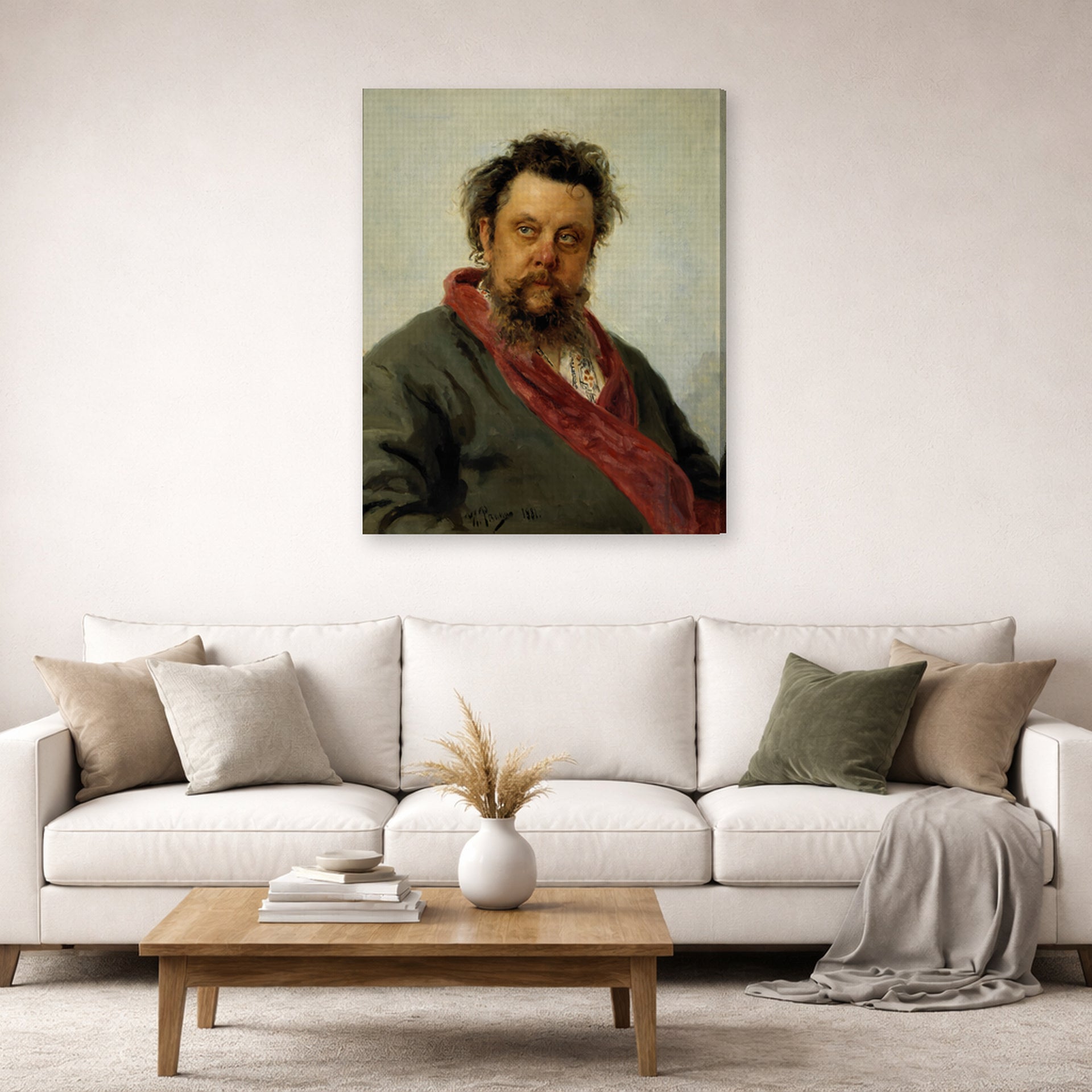 Gallery-wrapped canvas print of Ilya Repin's Portrait of the Composer Modest Mussorgsky displayed on a wall in a living room