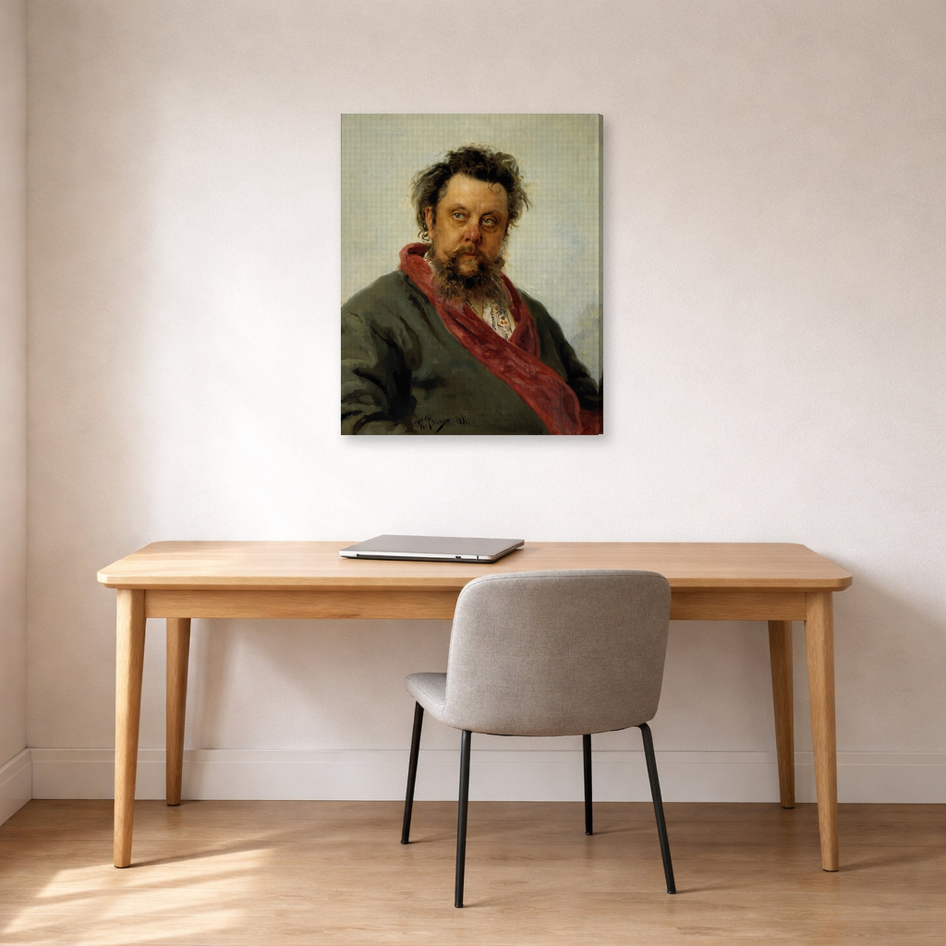 Gallery-wrapped canvas print of Ilya Repin's Portrait of the Composer Modest Mussorgsky displayed on a wall in a office