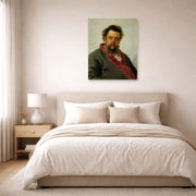 Unframed poster print of Ilya Repin's Portrait of the Composer Modest Mussorgsky displayed on a wall in a bedroom