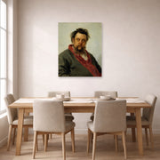Unframed poster print of Ilya Repin's Portrait of the Composer Modest Mussorgsky displayed on a wall in a dining