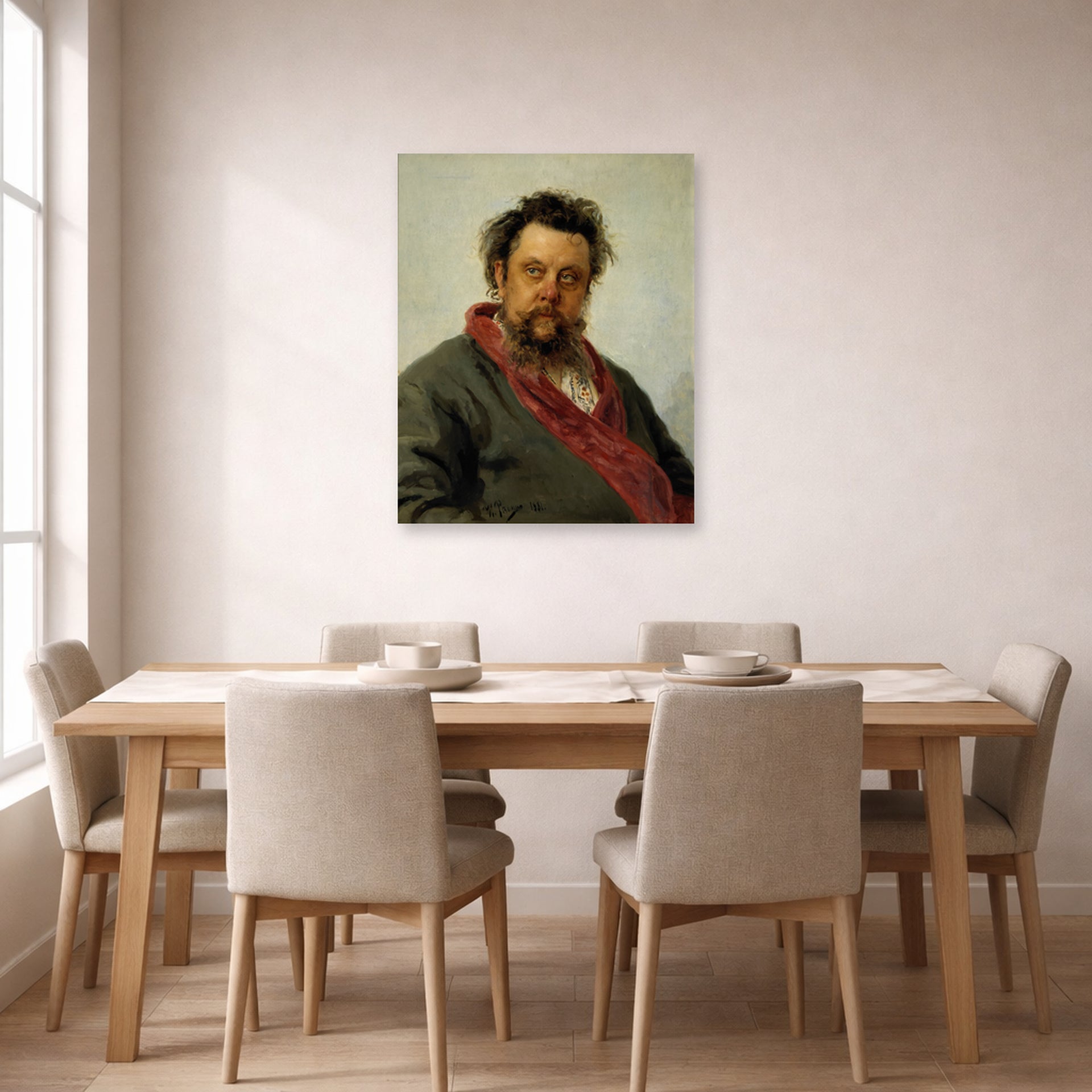 Unframed poster print of Ilya Repin's Portrait of the Composer Modest Mussorgsky displayed on a wall in a dining