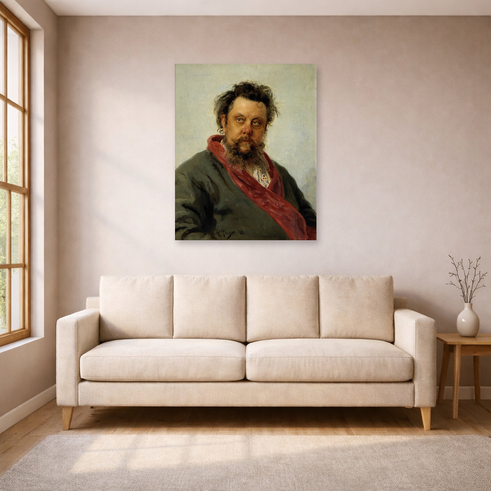 Unframed poster print of Ilya Repin's Portrait of the Composer Modest Mussorgsky displayed on a wall in a living room
