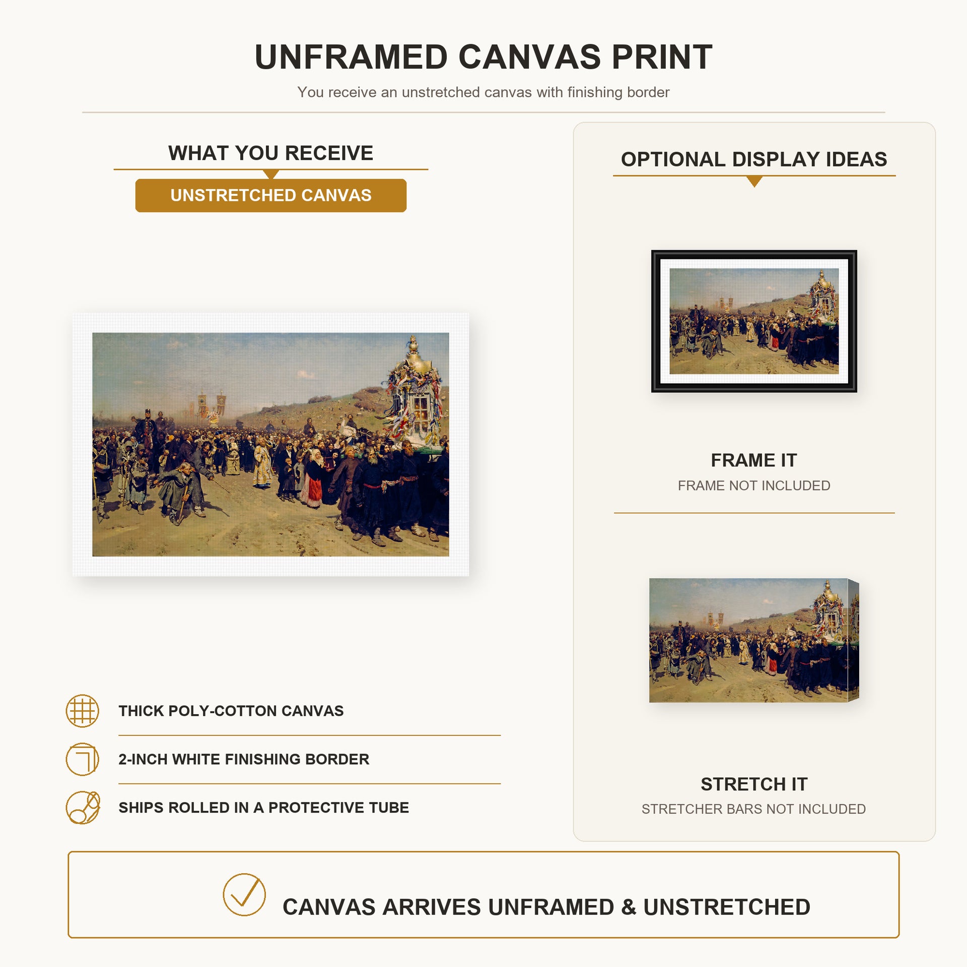 Ilya Repin - Religious Procession in Kursk Province canvas print size comparison and framing display infographic