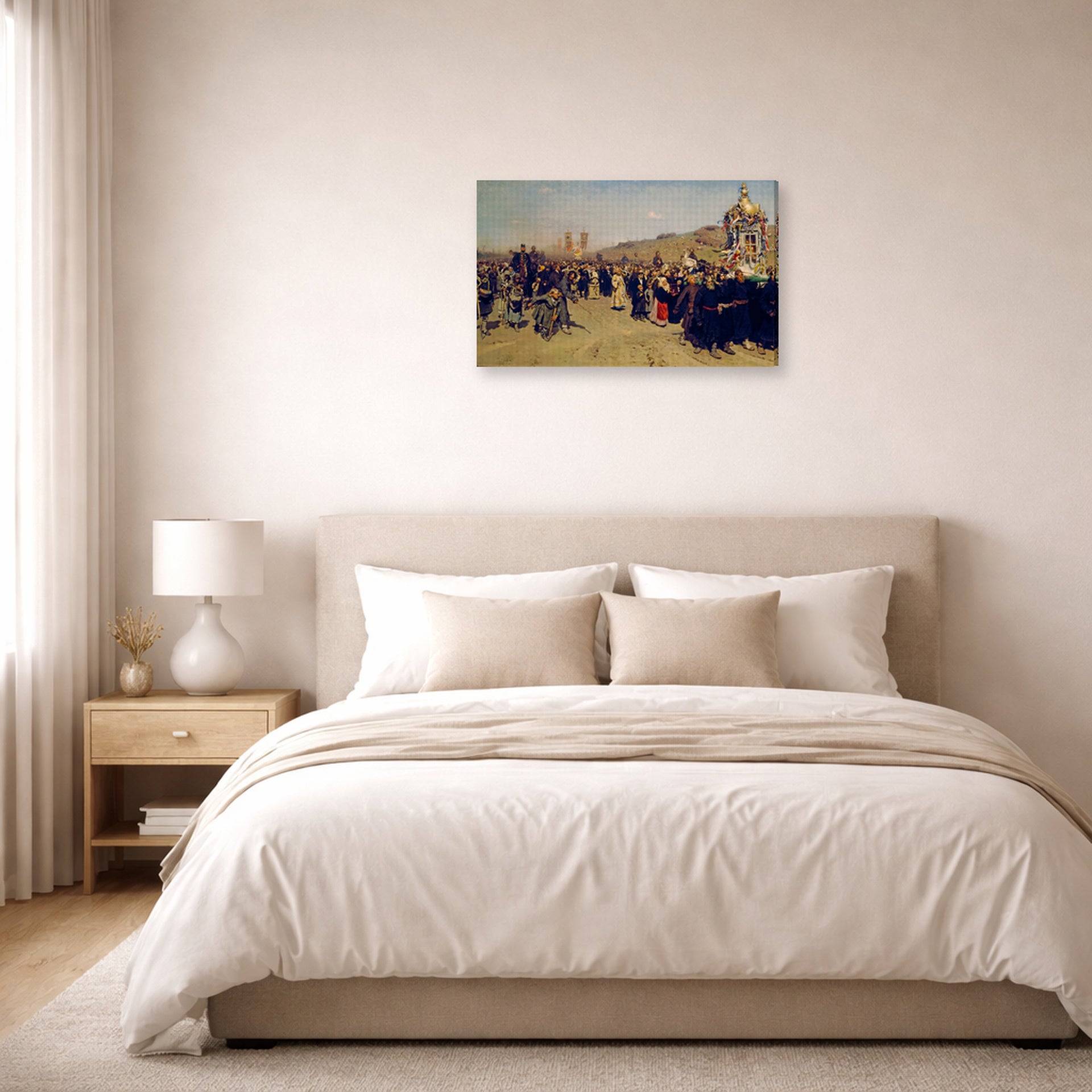 Gallery-wrapped canvas print of Ilya Repin's Religious Procession in Kursk Province displayed on a wall in a bedroom