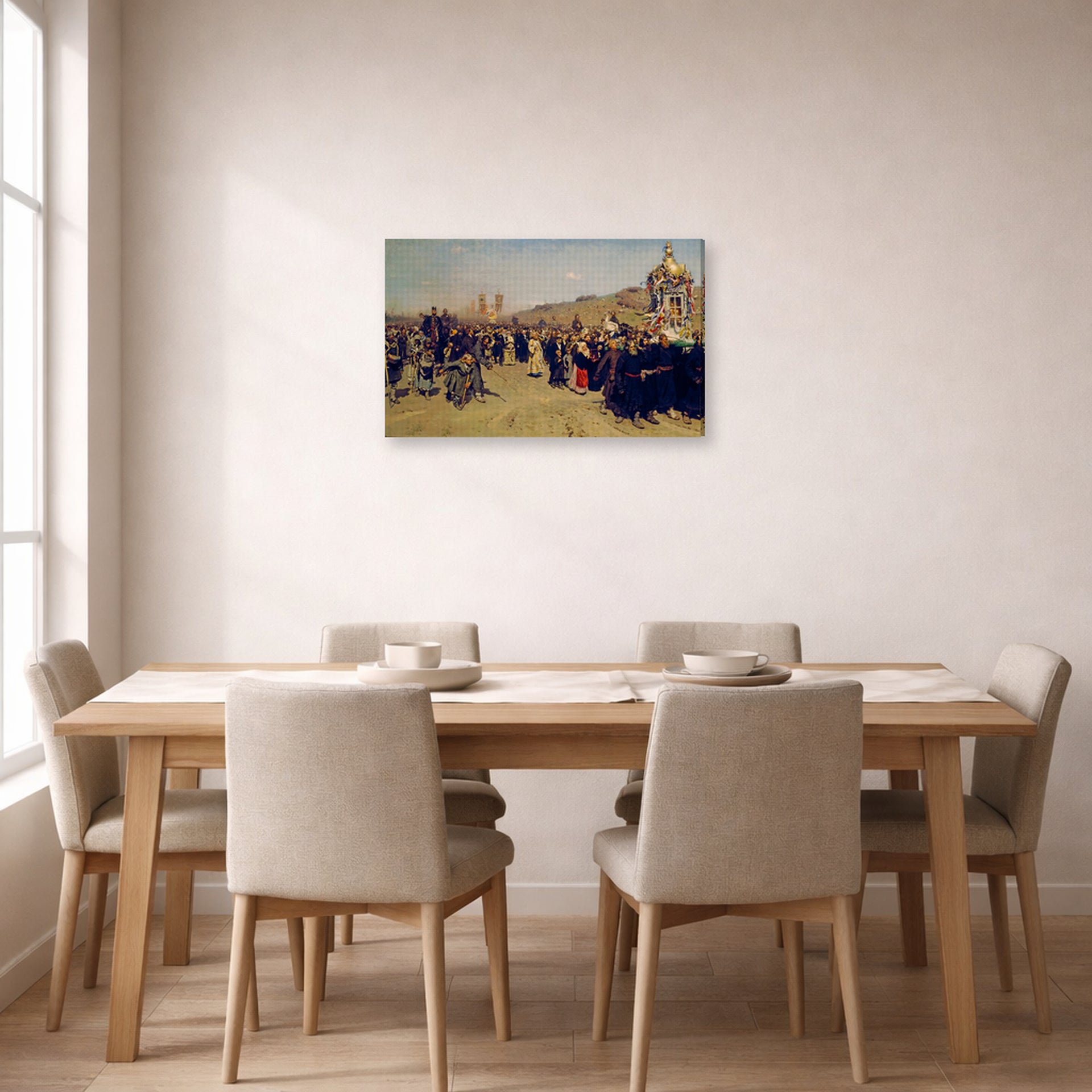 Gallery-wrapped canvas print of Ilya Repin's Religious Procession in Kursk Province displayed on a wall in a dining