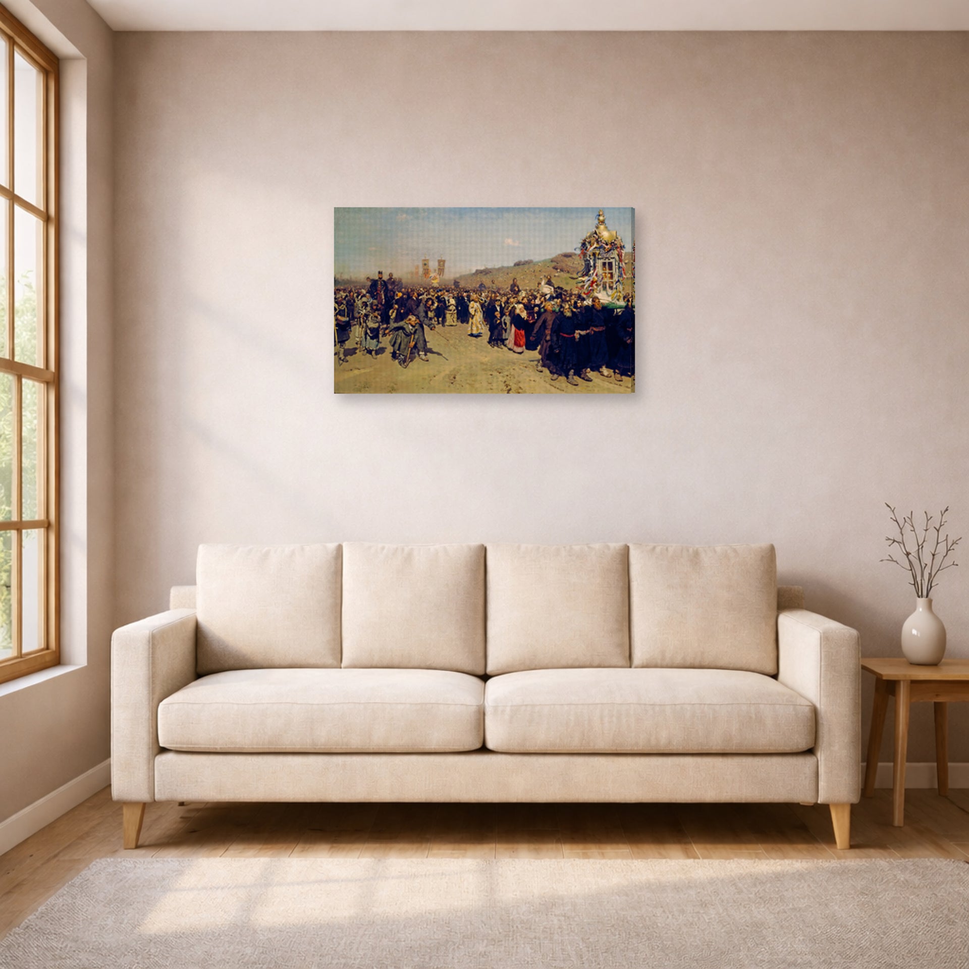 Gallery-wrapped canvas print of Ilya Repin's Religious Procession in Kursk Province displayed on a wall in a living room