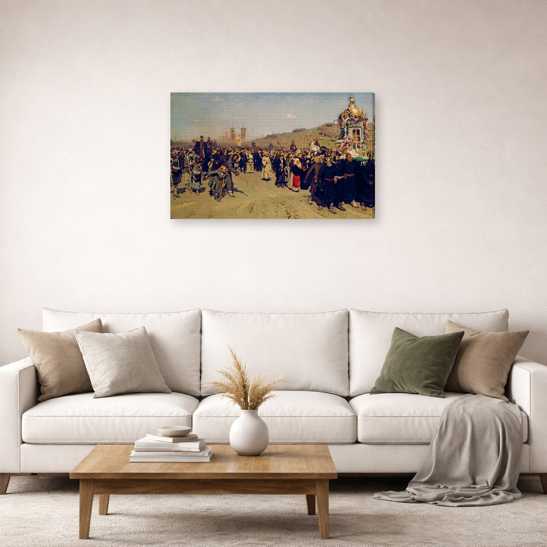 Gallery-wrapped canvas print of Ilya Repin's Religious Procession in Kursk Province displayed on a wall in a living room