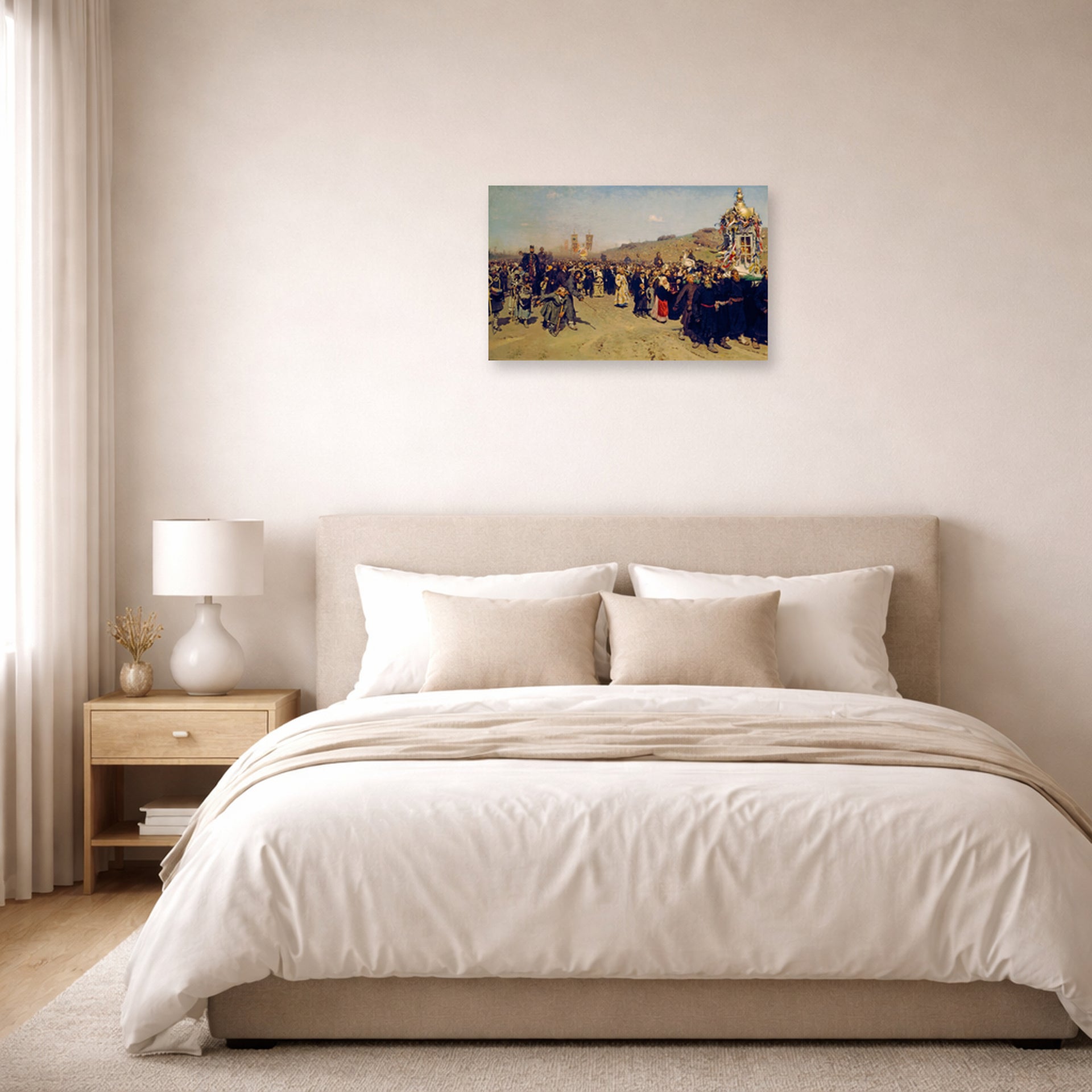 Unframed poster print of Ilya Repin's Religious Procession in Kursk Province displayed on a wall in a bedroom