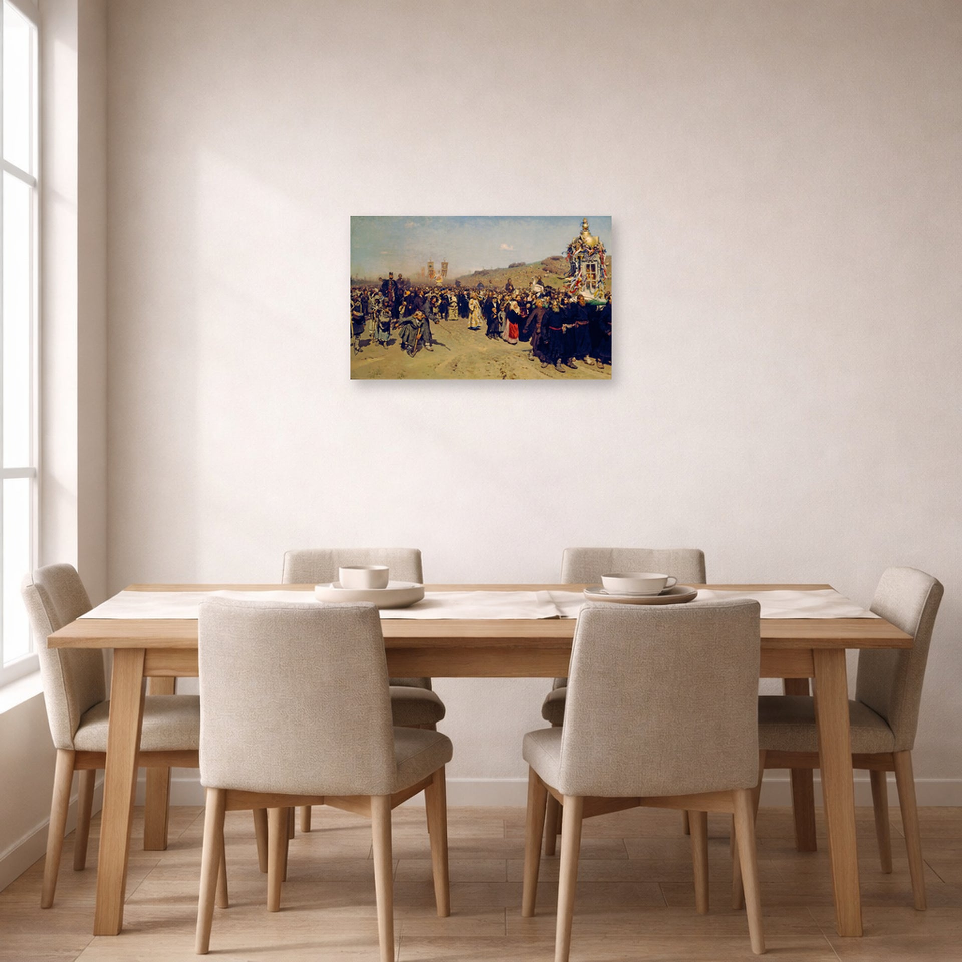 Unframed poster print of Ilya Repin's Religious Procession in Kursk Province displayed on a wall in a dining