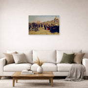 Unframed poster print of Ilya Repin's Religious Procession in Kursk Province displayed on a wall in a living room
