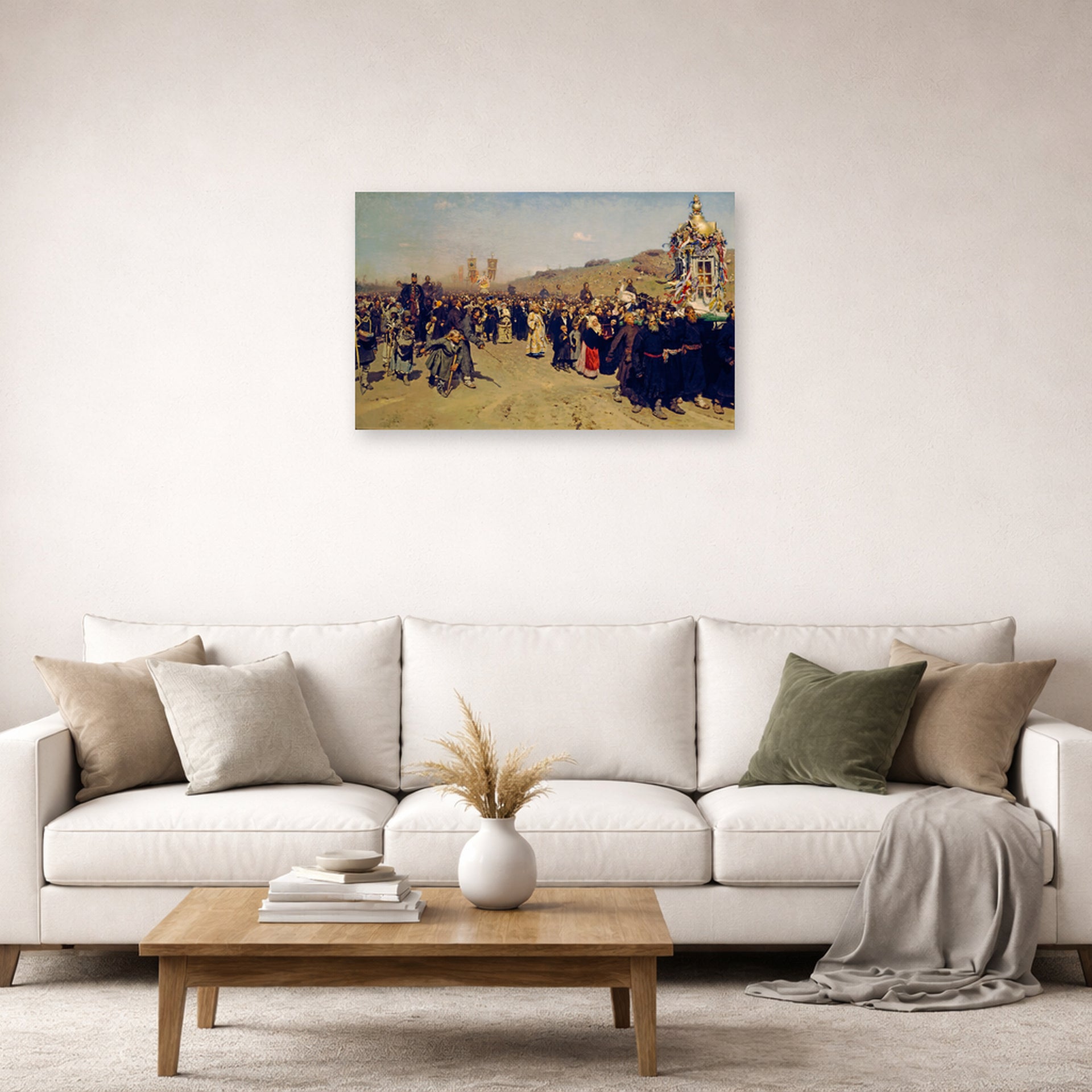 Unframed poster print of Ilya Repin's Religious Procession in Kursk Province displayed on a wall in a living room