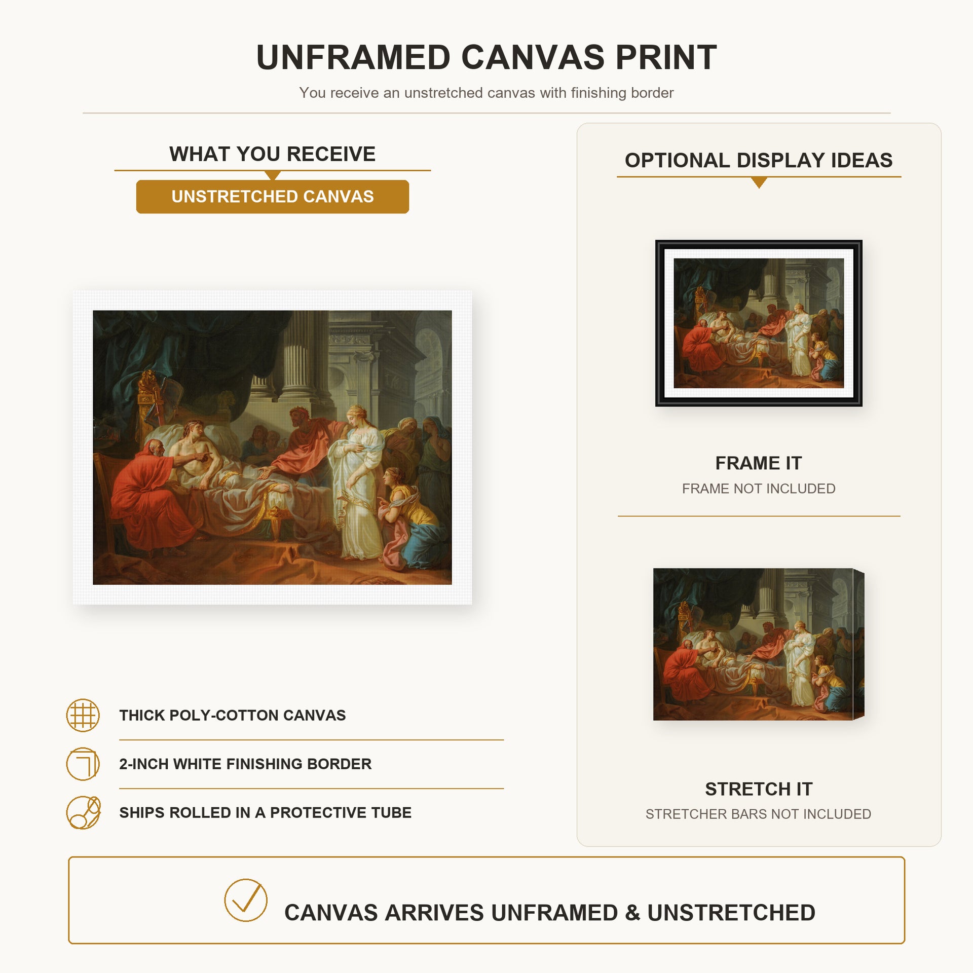 Jacques-Louis David - Erasistratus Discovers the Cause of Antiochus’s canvas print size comparison and framing display infographic