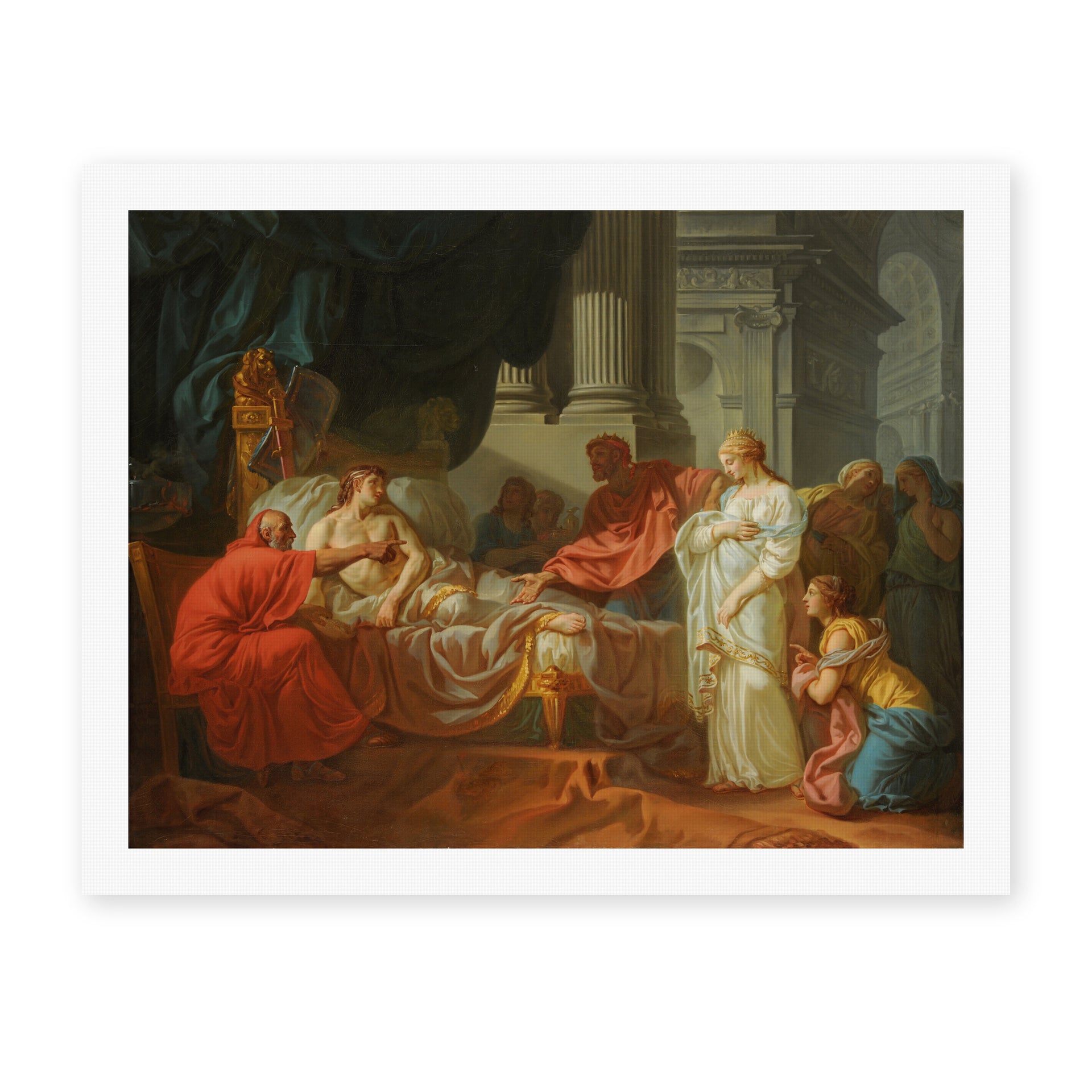 Jacques-Louis David's 'Erasistratus Discovers the Cause of Antiochus’s' painting reproduced as a rolled canvas print