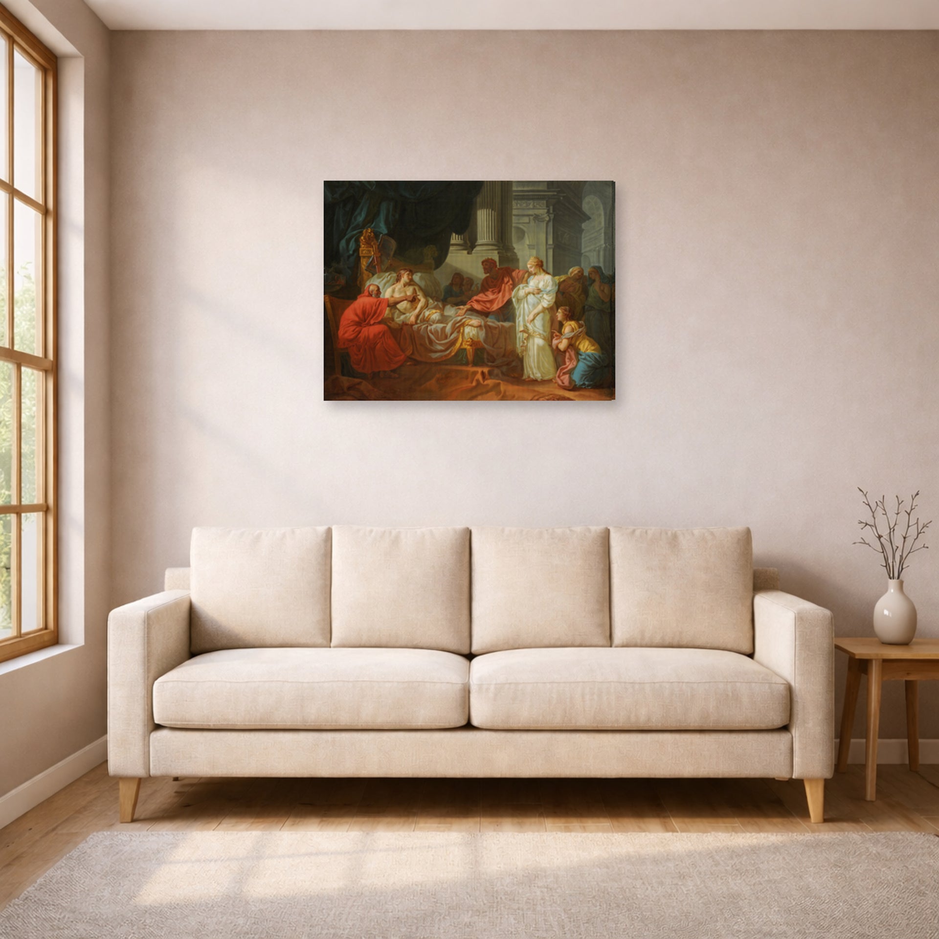 Gallery-wrapped canvas print of Jacques-Louis David's 'Erasistratus Discovers the Cause of Antiochus’s' displayed on a wall in a living room