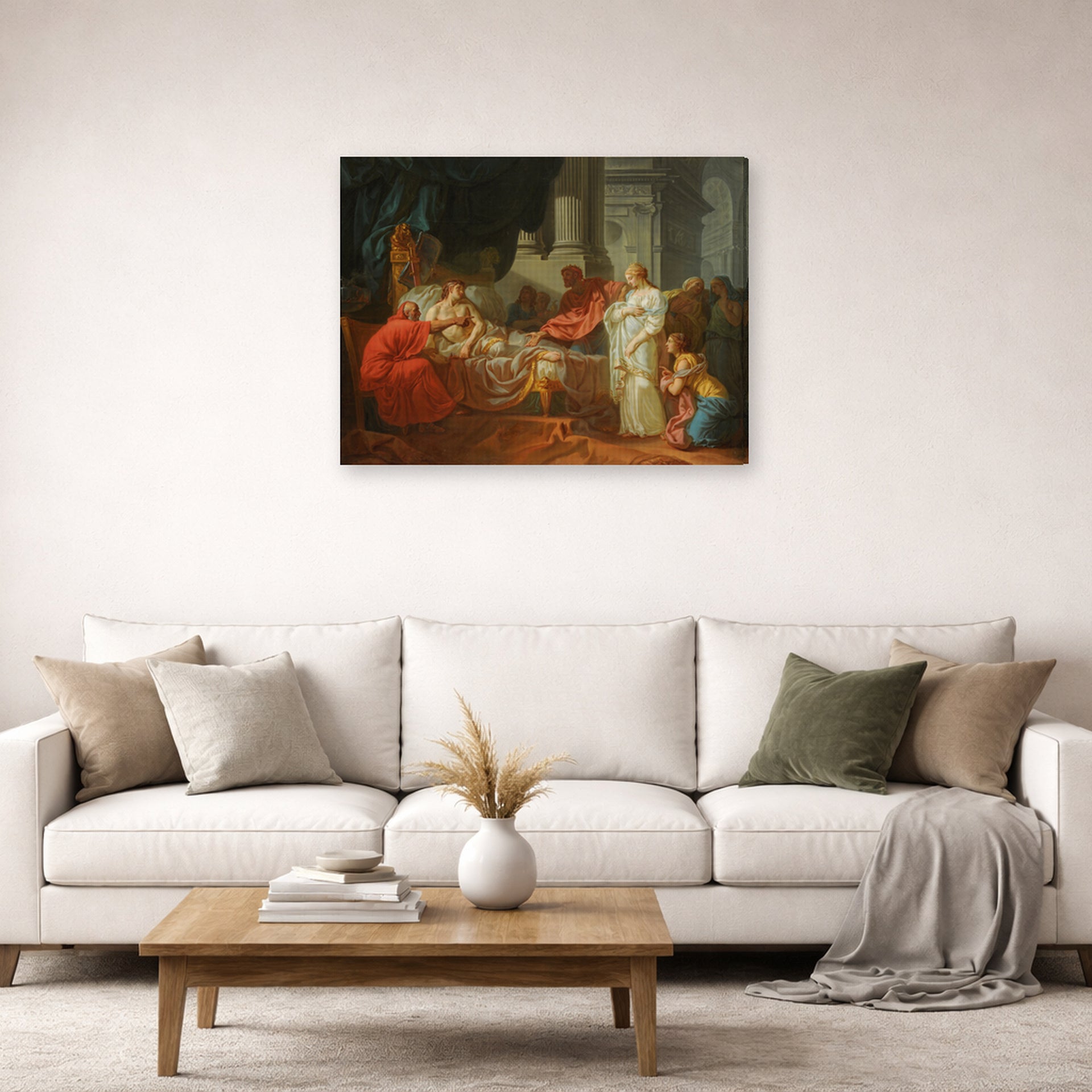 Gallery-wrapped canvas print of Jacques-Louis David's 'Erasistratus Discovers the Cause of Antiochus’s' displayed on a wall in a living room