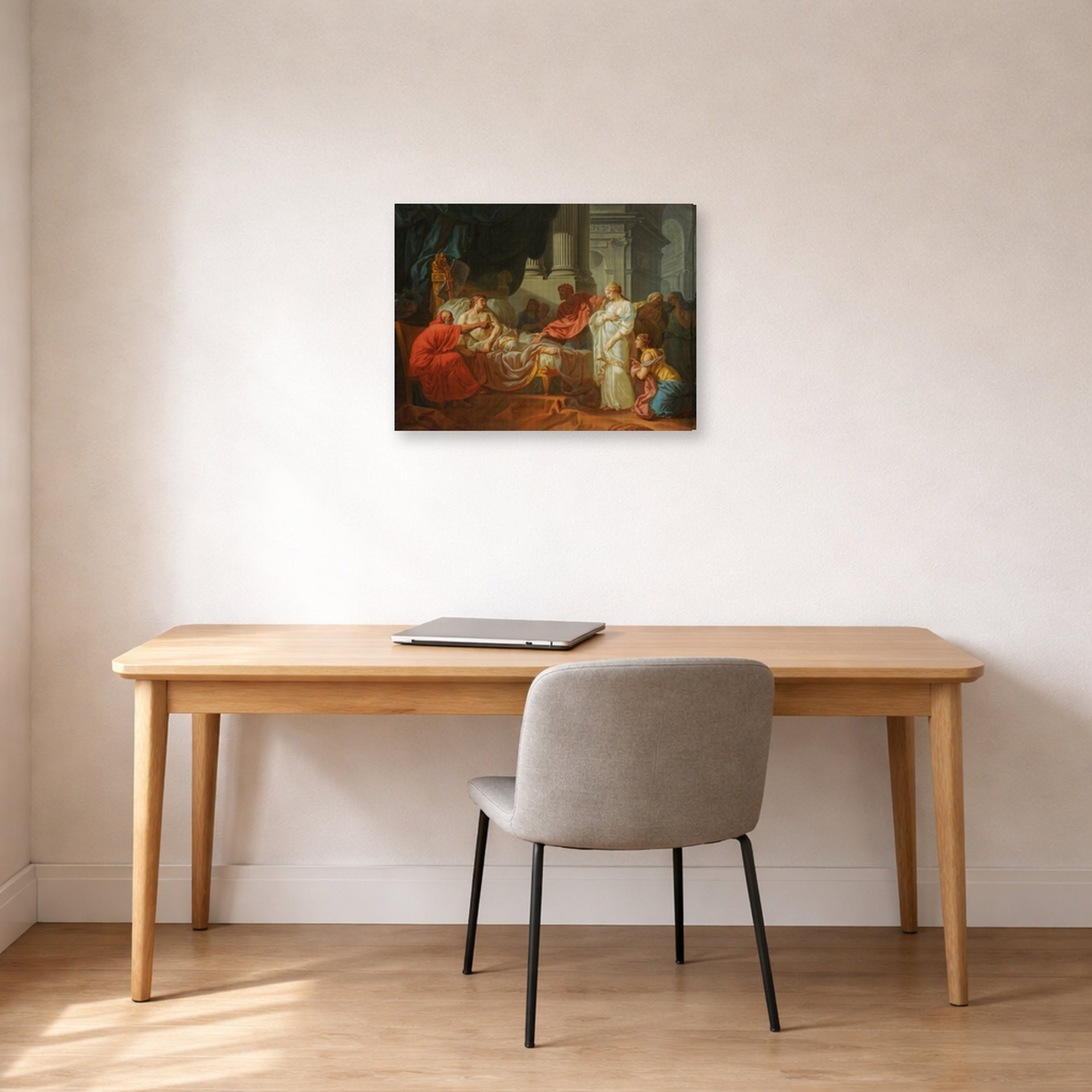 Gallery-wrapped canvas print of Jacques-Louis David's 'Erasistratus Discovers the Cause of Antiochus’s' displayed on a wall in an office