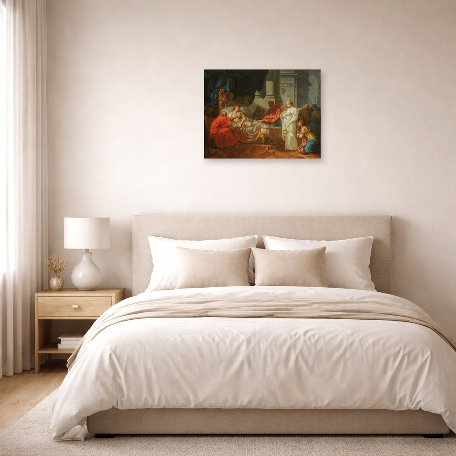 Unframed poster print of Jacques-Louis David's 'Erasistratus Discovers the Cause of Antiochus’s' displayed on a wall in a bedroom