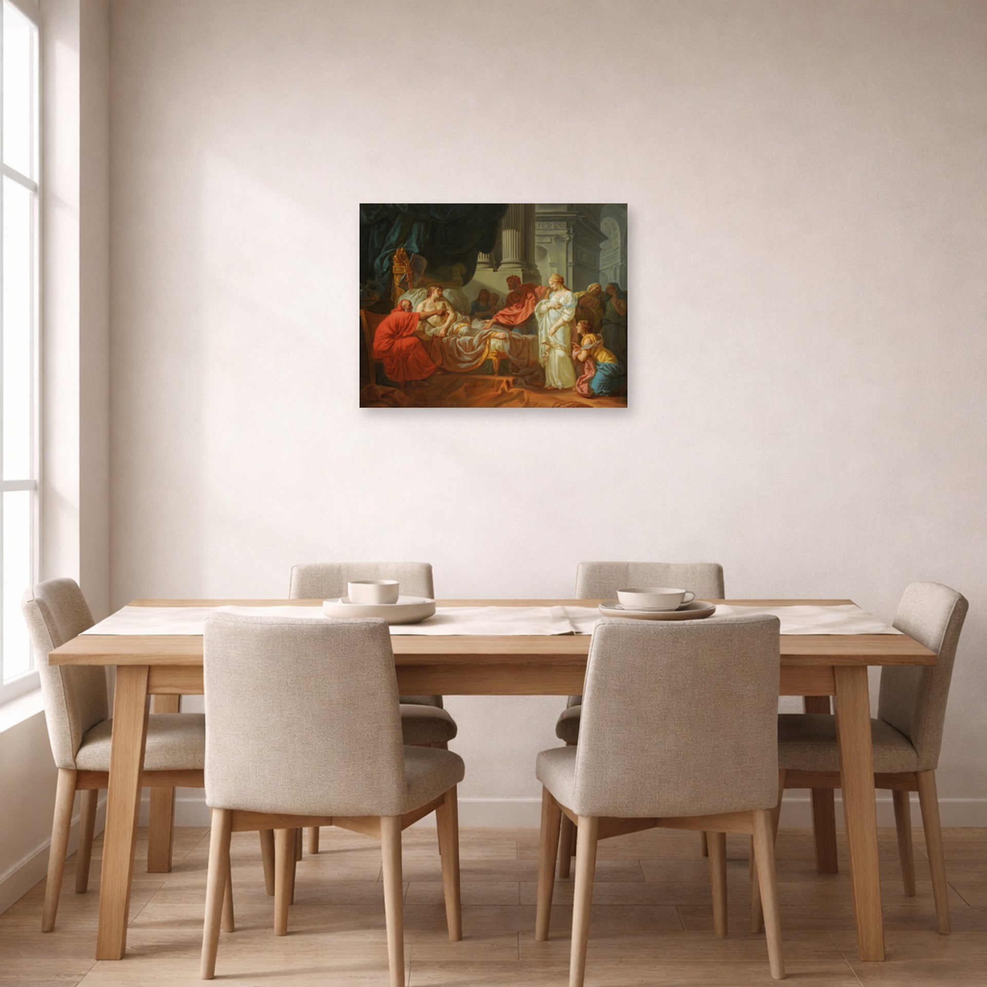 Unframed poster print of Jacques-Louis David's 'Erasistratus Discovers the Cause of Antiochus’s' displayed on a wall in a dining room