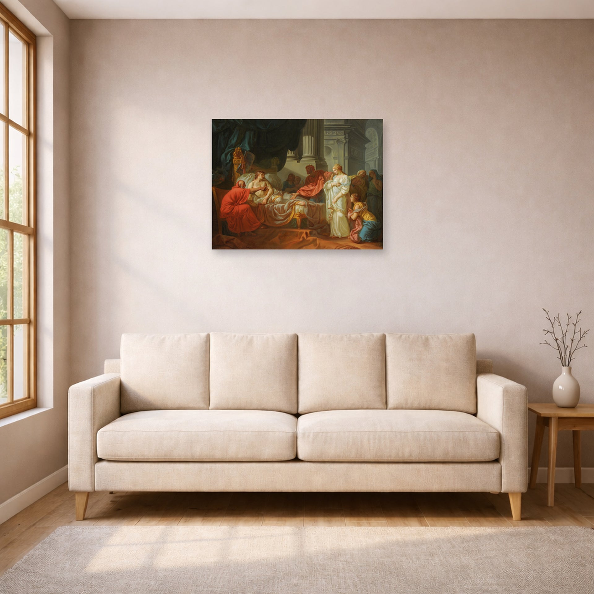 Unframed poster print of Jacques-Louis David's 'Erasistratus Discovers the Cause of Antiochus’s' displayed on a wall in a living room