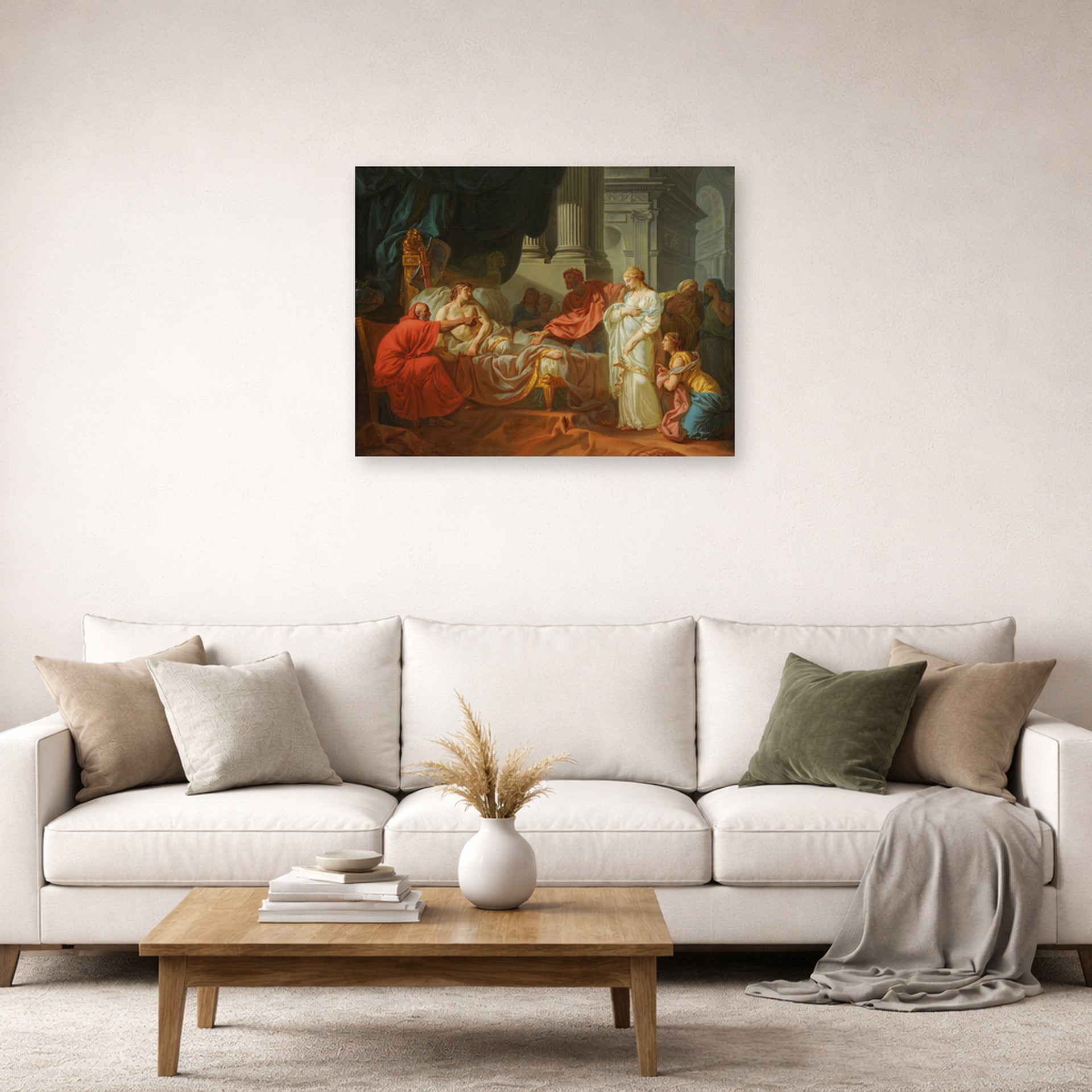 Unframed poster print of Jacques-Louis David's 'Erasistratus Discovers the Cause of Antiochus’s' displayed on a wall in a living room