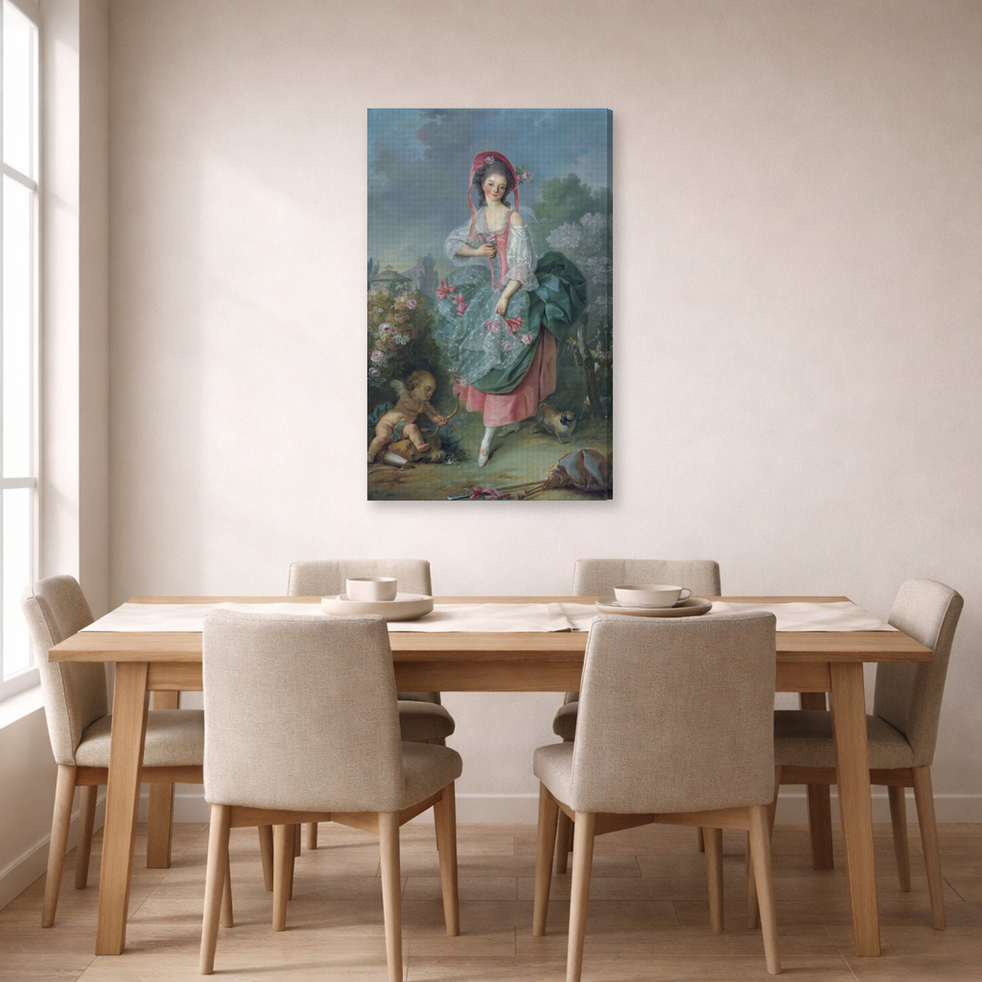 Gallery-wrapped canvas print of Jacques-Louis David's 'Mademoiselle Guimard as Terpsichore' displayed on a wall in a dining room