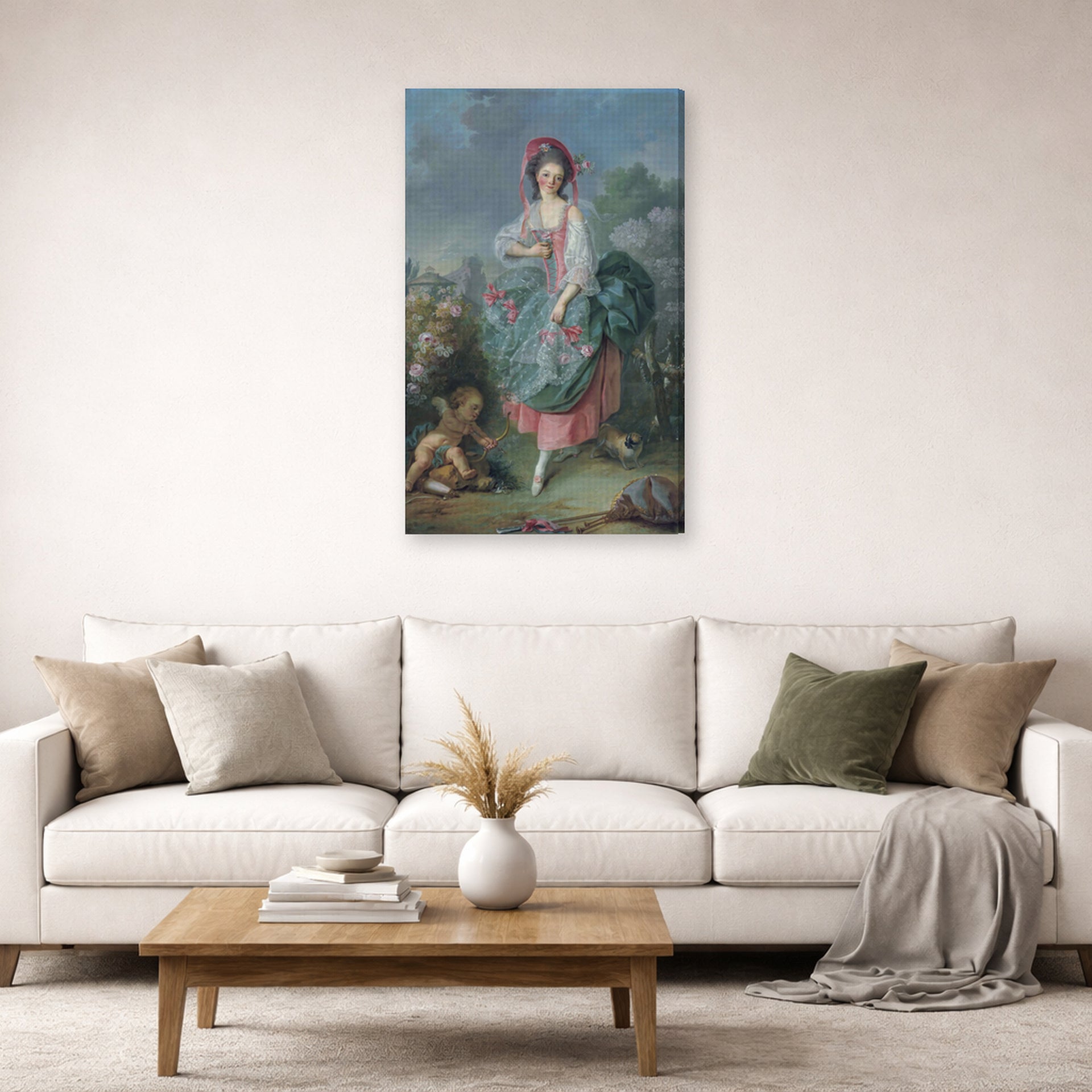 Gallery-wrapped canvas print of Jacques-Louis David's 'Mademoiselle Guimard as Terpsichore' displayed on a wall in a living room