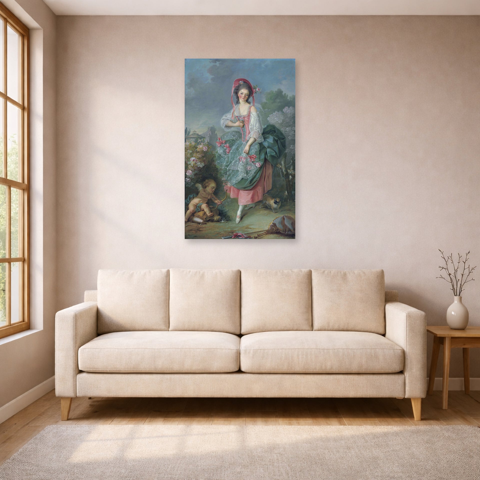 Unframed poster print of Jacques-Louis David's 'Mademoiselle Guimard as Terpsichore' displayed on a wall in a living room