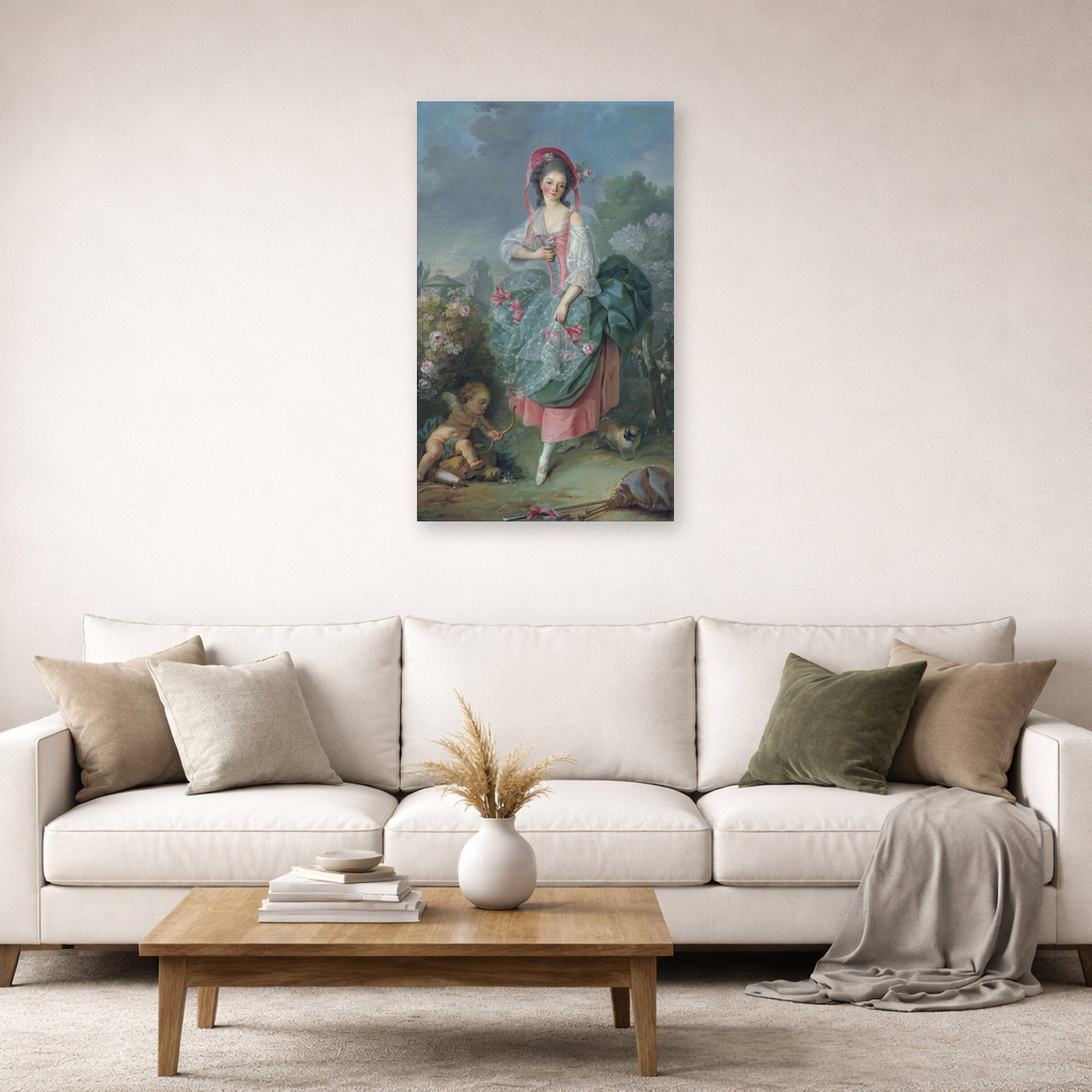 Unframed poster print of Jacques-Louis David's 'Mademoiselle Guimard as Terpsichore' displayed on a wall in a living room