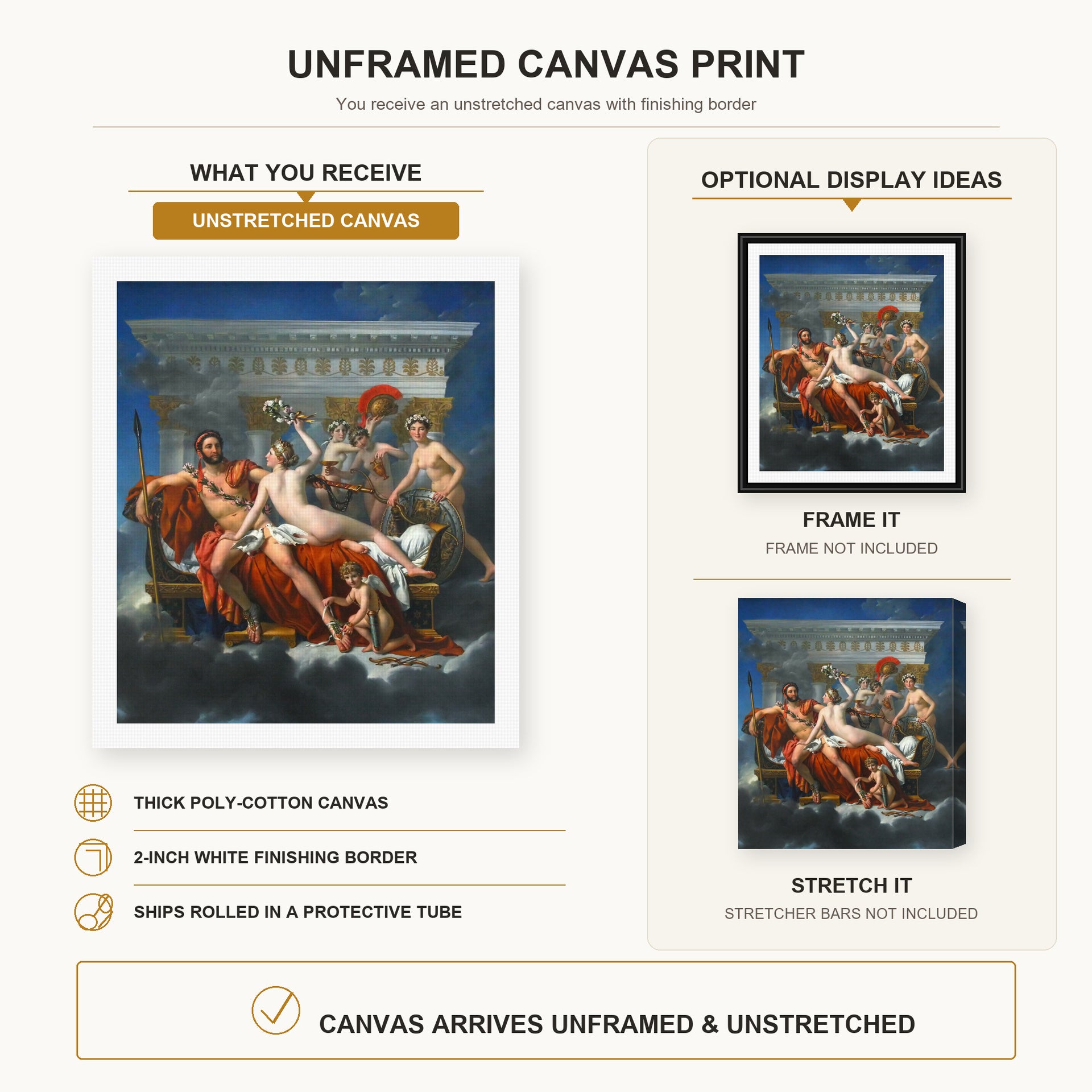 Jacques-Louis David - Mars Disarmed by Venus canvas print size comparison and framing display infographic