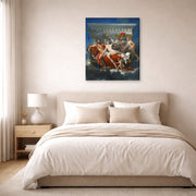 Gallery-wrapped canvas print of Jacques-Louis David's 'Mars Disarmed by Venus' displayed on a wall in a bedroom