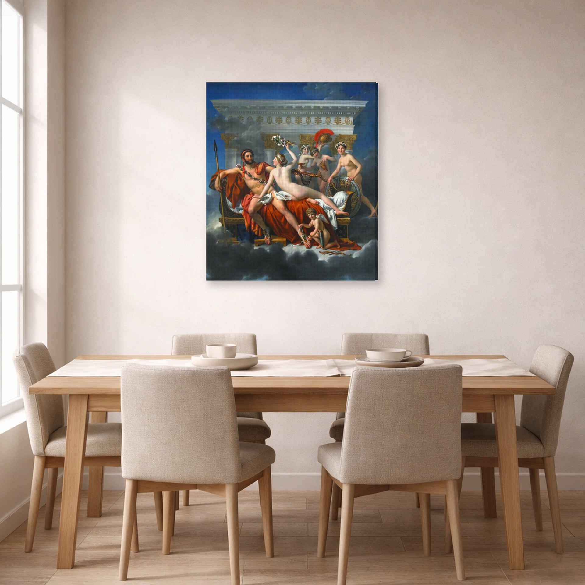 Gallery-wrapped canvas print of Jacques-Louis David's 'Mars Disarmed by Venus' displayed on a wall in a dining room