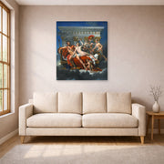 Gallery-wrapped canvas print of Jacques-Louis David's 'Mars Disarmed by Venus' displayed on a wall in a living room
